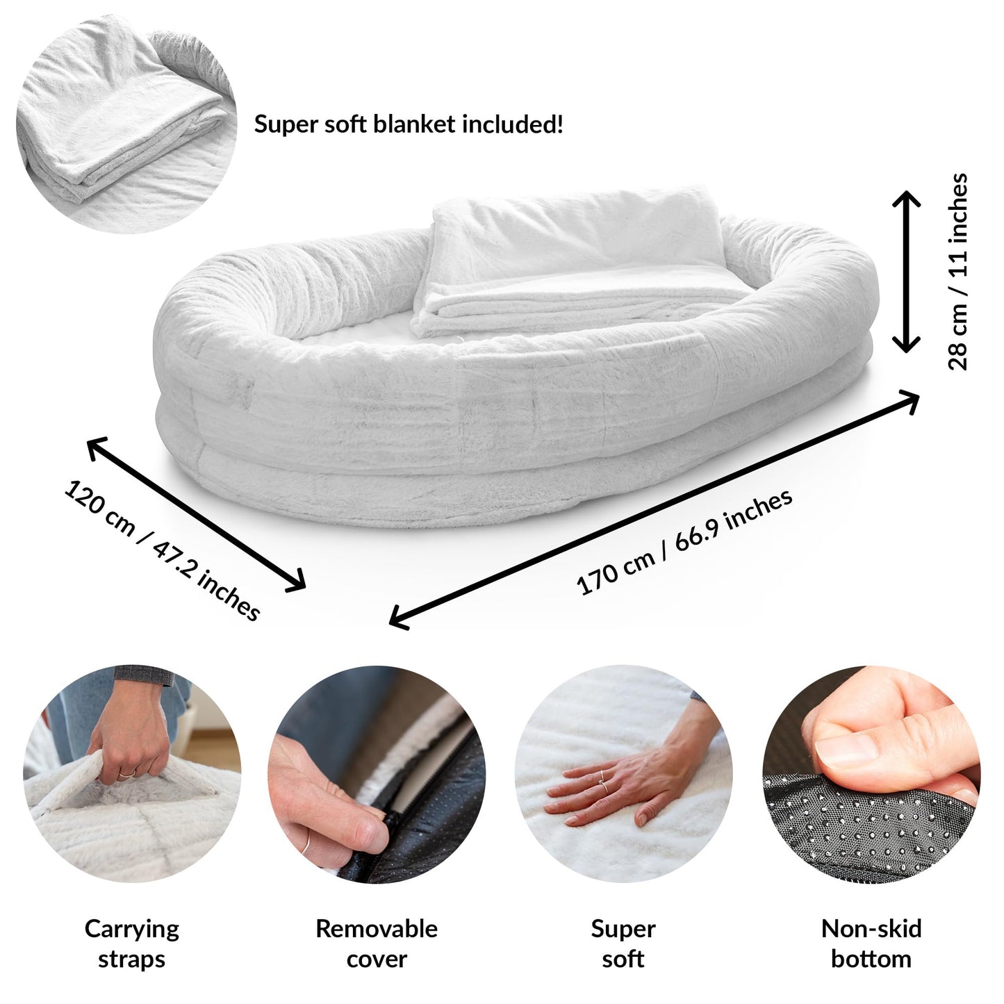 Trelsanopaws Human Dog Bed for Adults & Pets - Warm Beanbag Bed with Detachable Cover & Blanket (Light Grey)