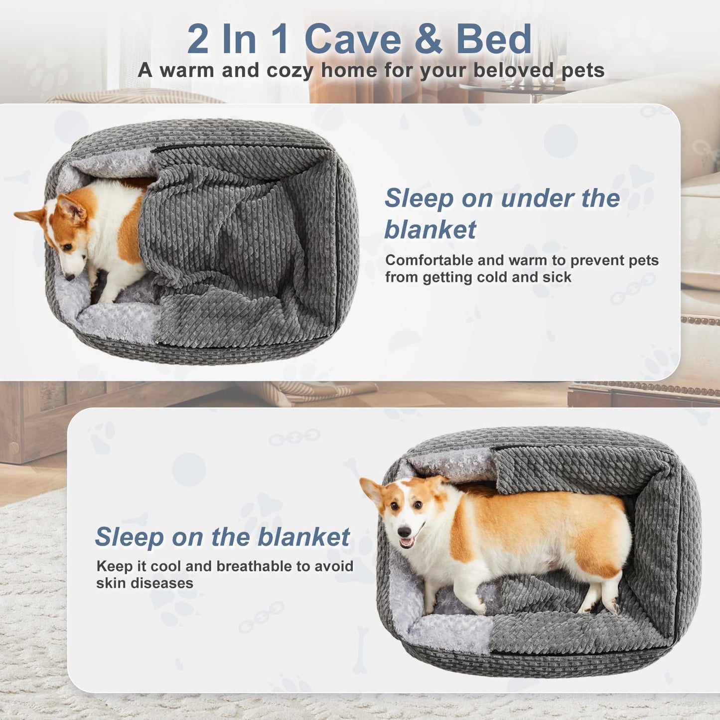 Trelsanopaws Extra Large Dog Bed - Hooded Pet Cave with Soft Rose Fluff, Non-Skid Bottom (90 x 65 x 23 cm, Grey)