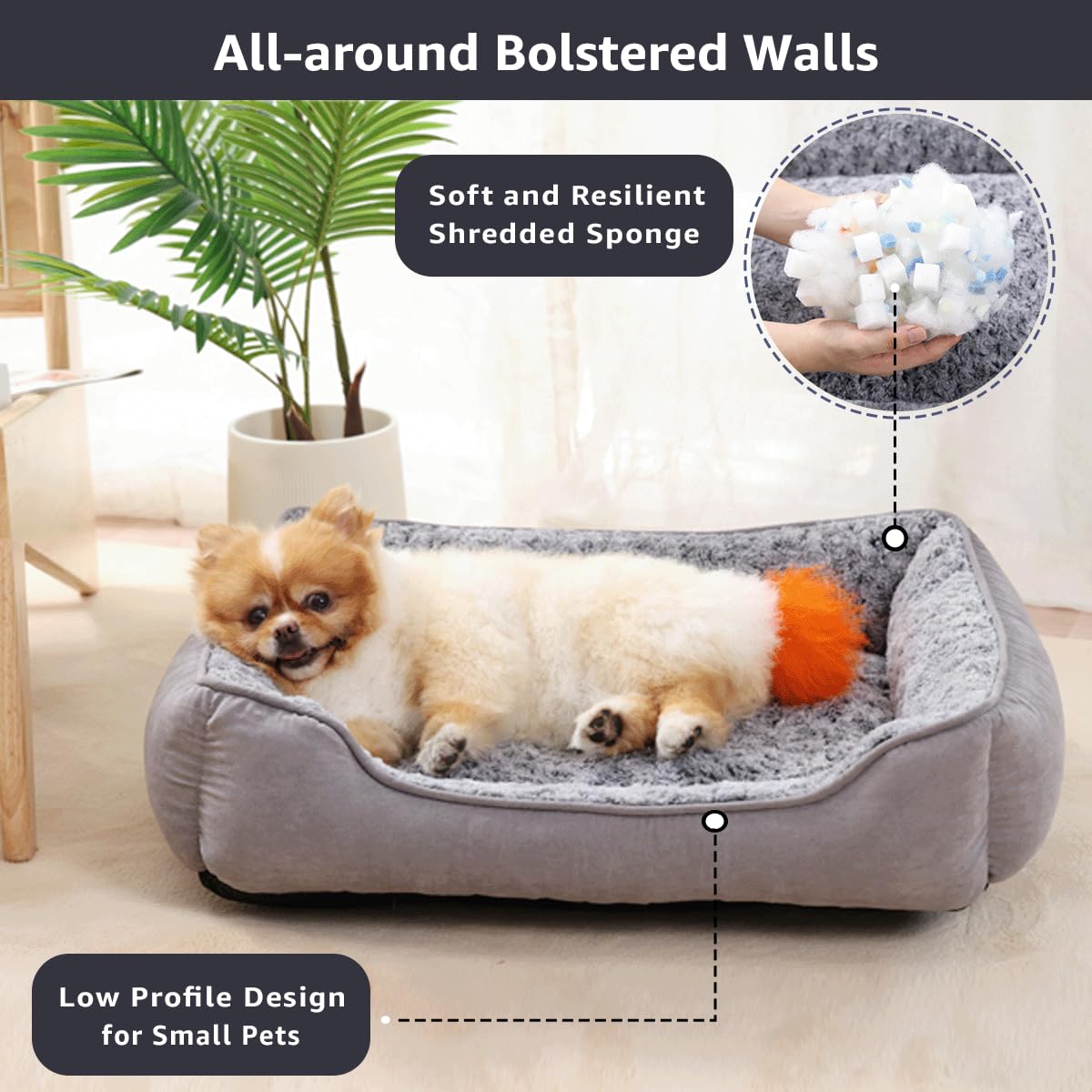 Trelsanopaws Small Dog Sofa Bed - Soft Plush Calming Bed with Non-Slip Bottom (60 x 45 cm, Grey)