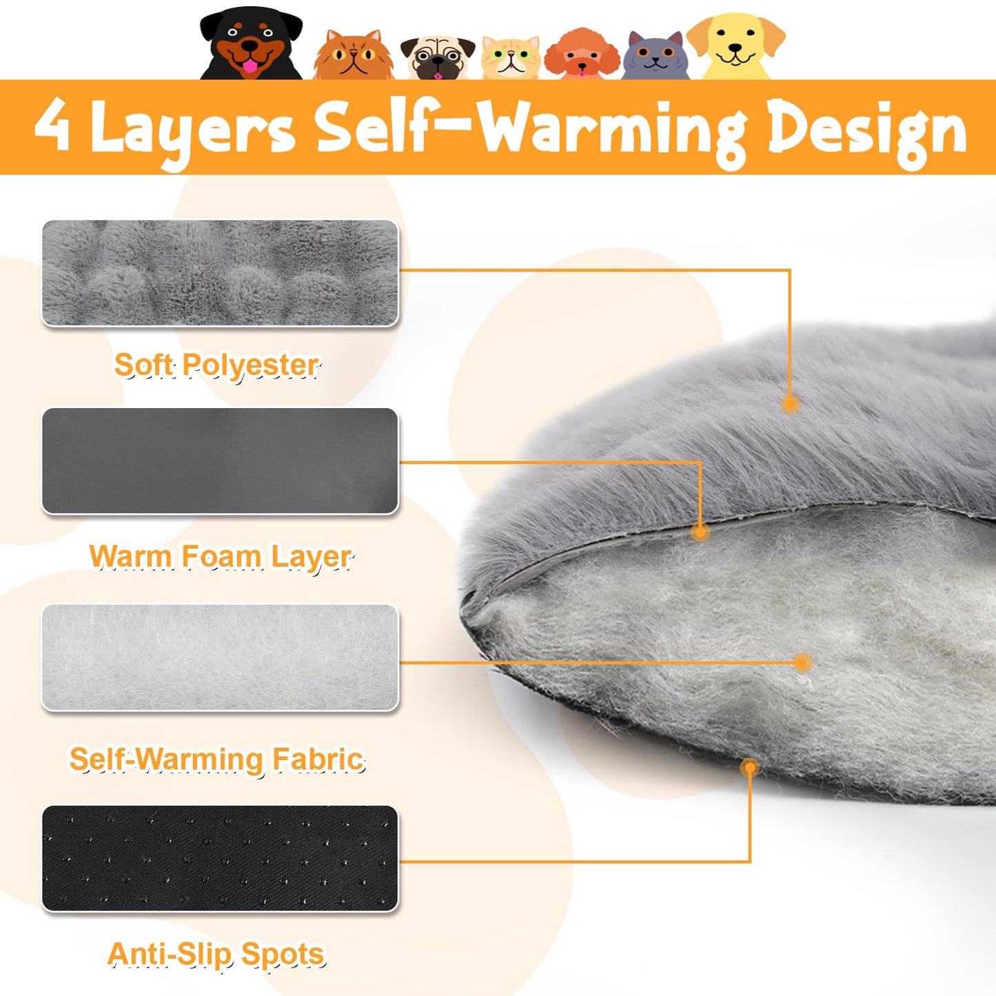 Trelsanopaws Self-Heating Cat Bed Pad - Fluffy Washable Pet Blanket for Indoor Cats & Puppies (45 x 60 cm, Grey)
