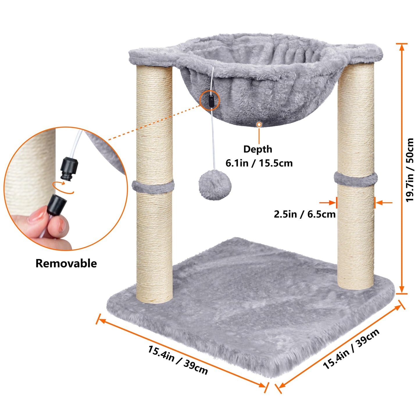 Trelsanopaws Cat Scratching Post - 50 cm Cat Tree with Hammock & Hanging Toy for Indoor Cats (Grey)
