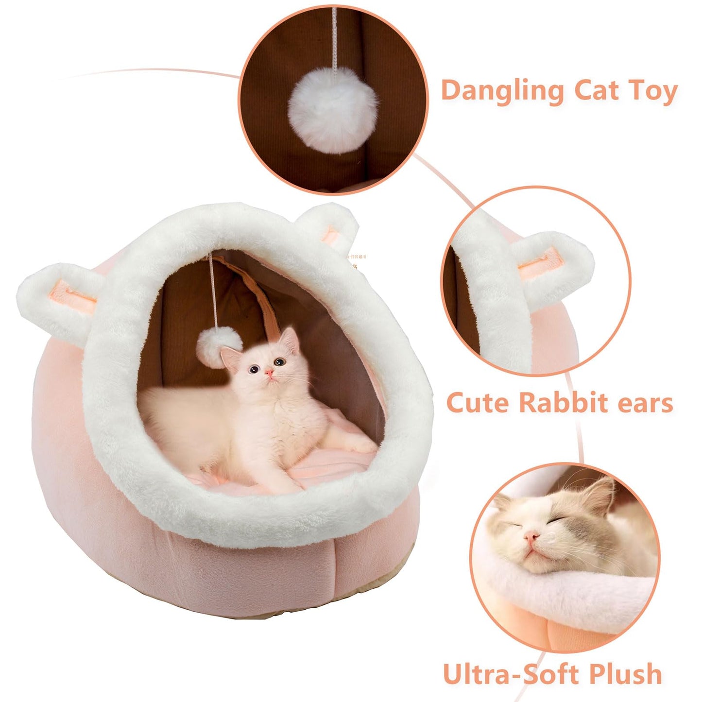 Trelsanopaws Rabbit-Shaped Cat Bed - Anti-Slip Bottom & Soft Calming Cave with Hanging Toy (Removable Cotton Pad)