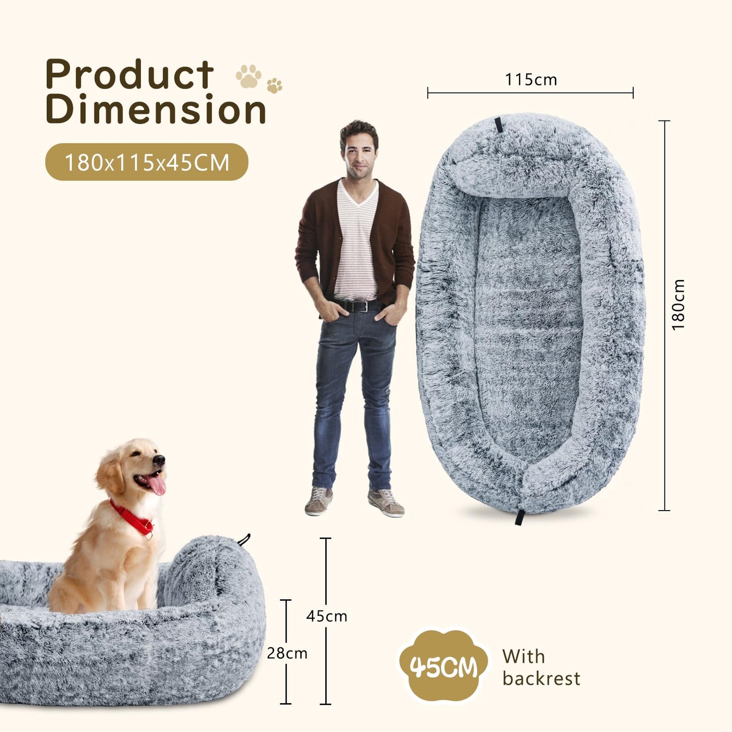 Trelsanopaws Human Dog Bed for Adults - Soft Memory Foam with Washable Cover & Side Pocket (180 x 115 x 45 cm)