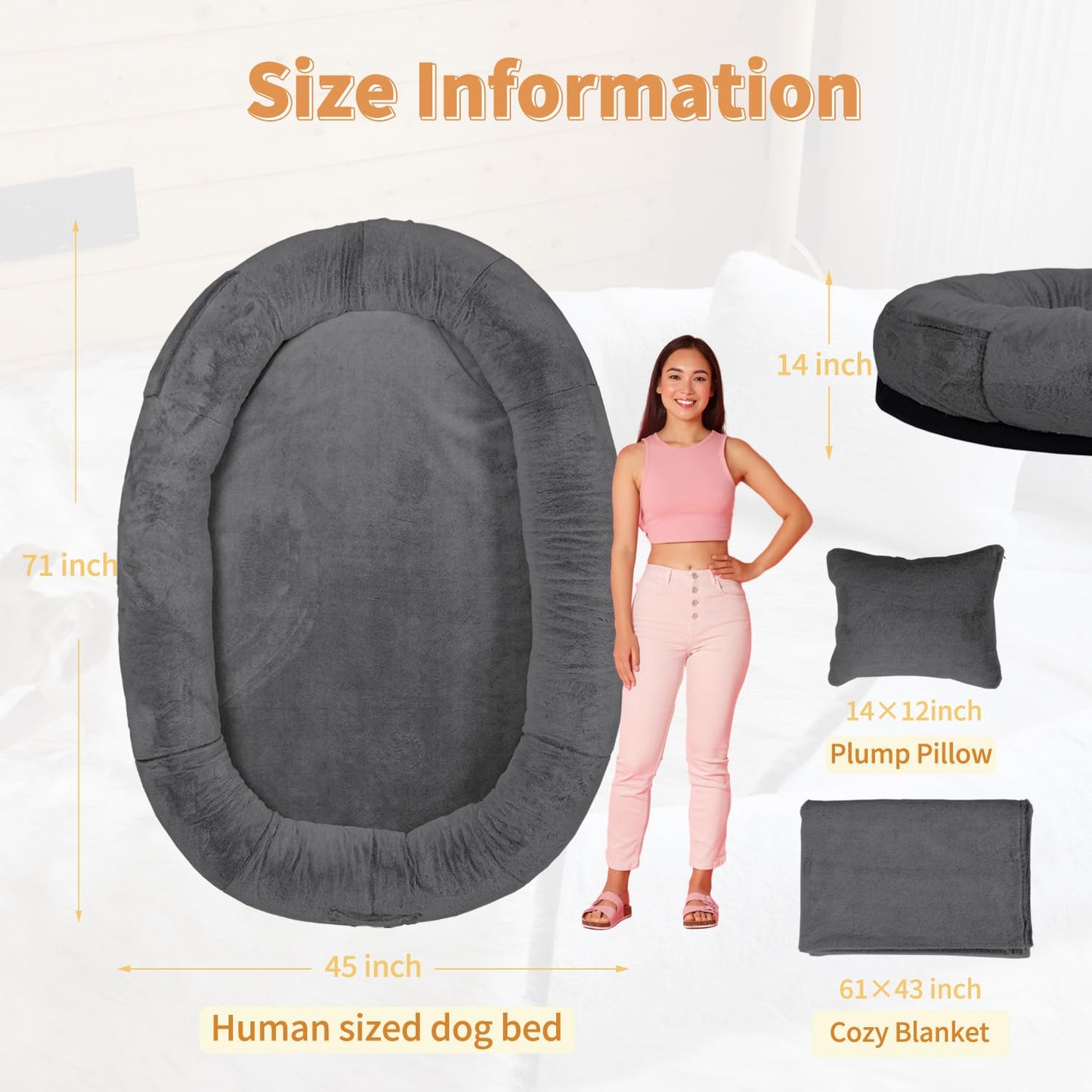 Trelsanopaws Human Dog Bed for Pets & Adults - Extra Large Beanbag with Washable Faux Fur, Blanket & Pillow (71" x 45" x 15", Dark Grey)