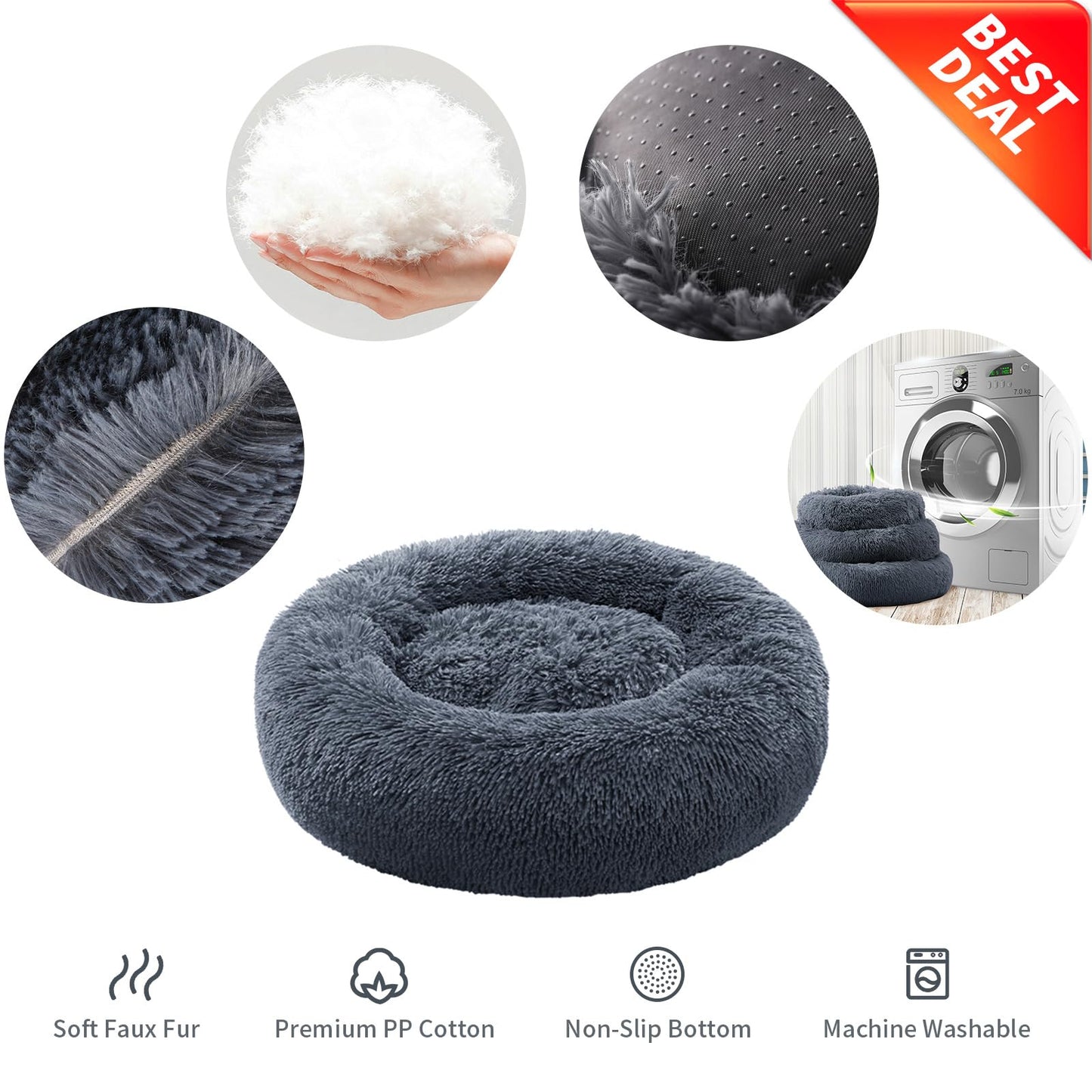 Trelsanopaws Calming Donut Dog Bed - Fluffy Anti-Anxiety Washable Bed for Small & Medium Dogs & Cats (60 x 60 cm, Dark Grey)