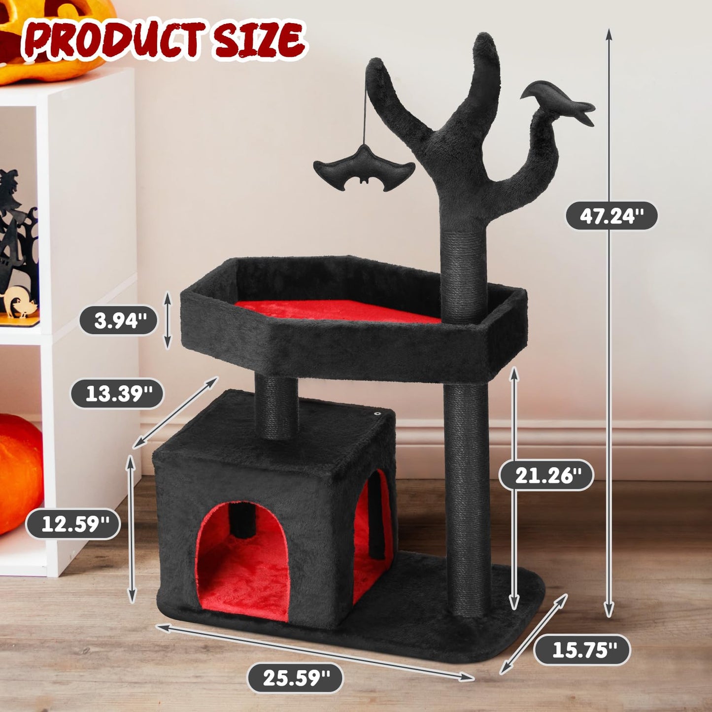 Petsinurarea 47.2" Heavy Duty Gothic Cat Tree Large Cat Tower Cat Tree for Indoor Cats Spacious Cat Condo Coffin for Large Cats Scratching Posts Hanging Ball Pet Activities Platform Cat Furniture