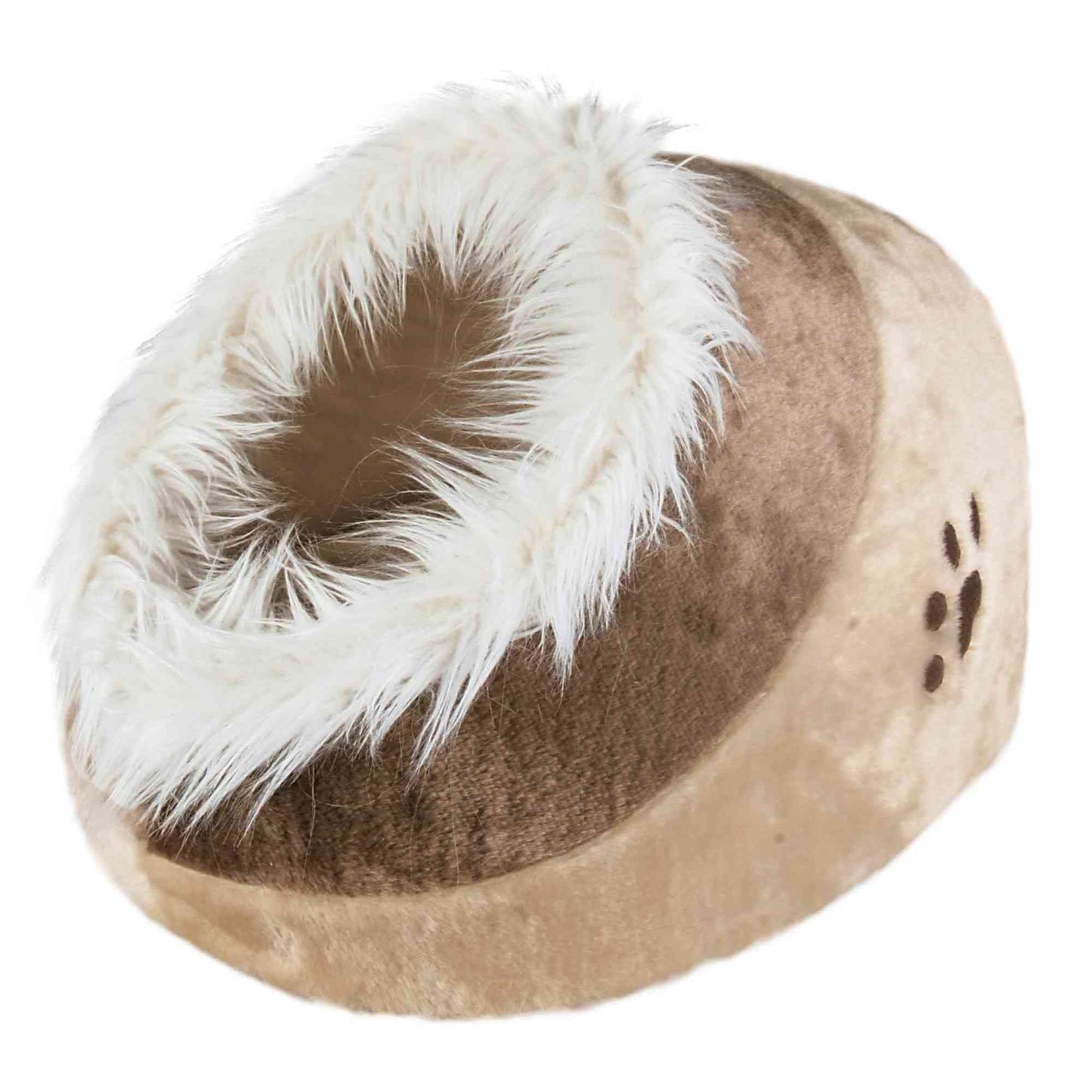 Trelsanopaws Minou Cat Cave - Cosy Bed with Reversible Cushion & Plush Cover (41 x 30 x 50 cm, Beige/Brown)