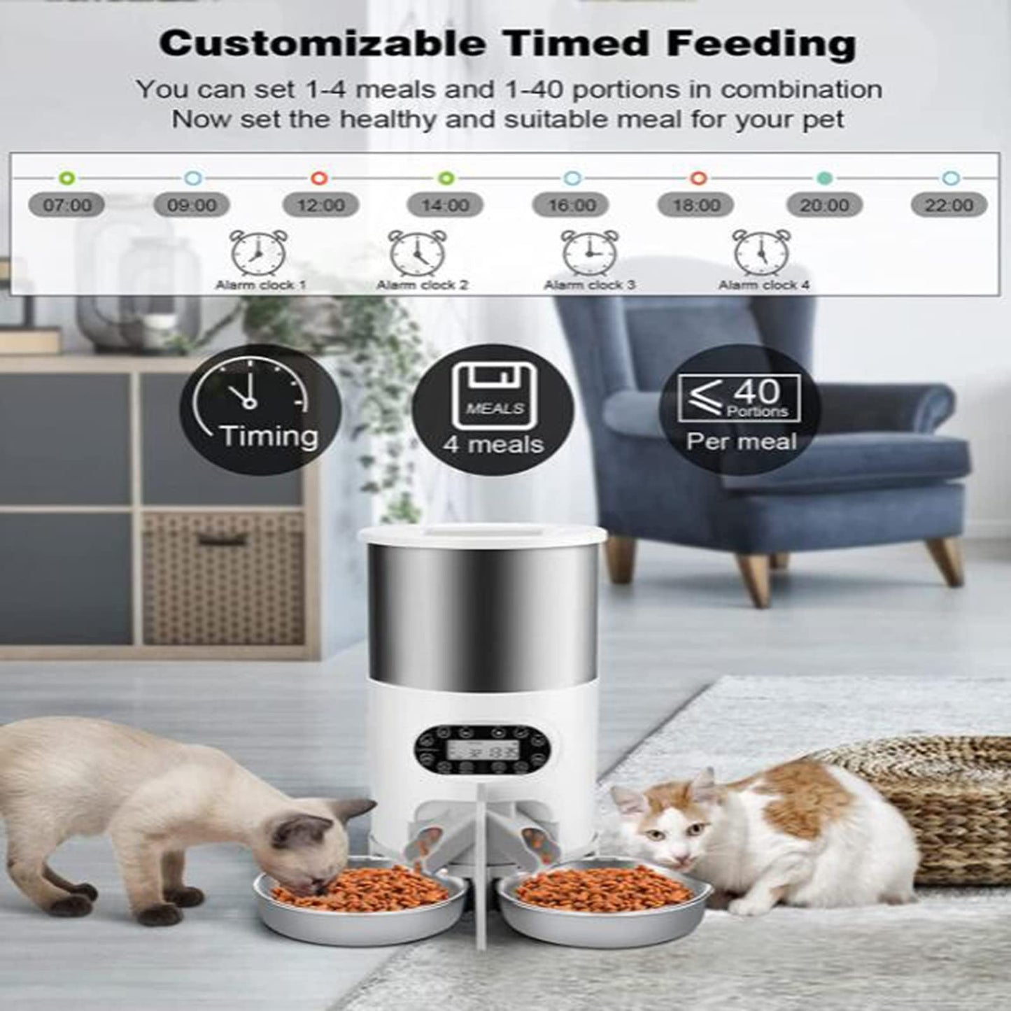 6.5L Automatic Cat Feeder for Multiple Cats, Cat Dry Food Dispenser with Voice Record, Timed Cat Feeder Pet Feeder Dog Food Dispenser Automatic Feeder for Cats Dogs,2 Bowls