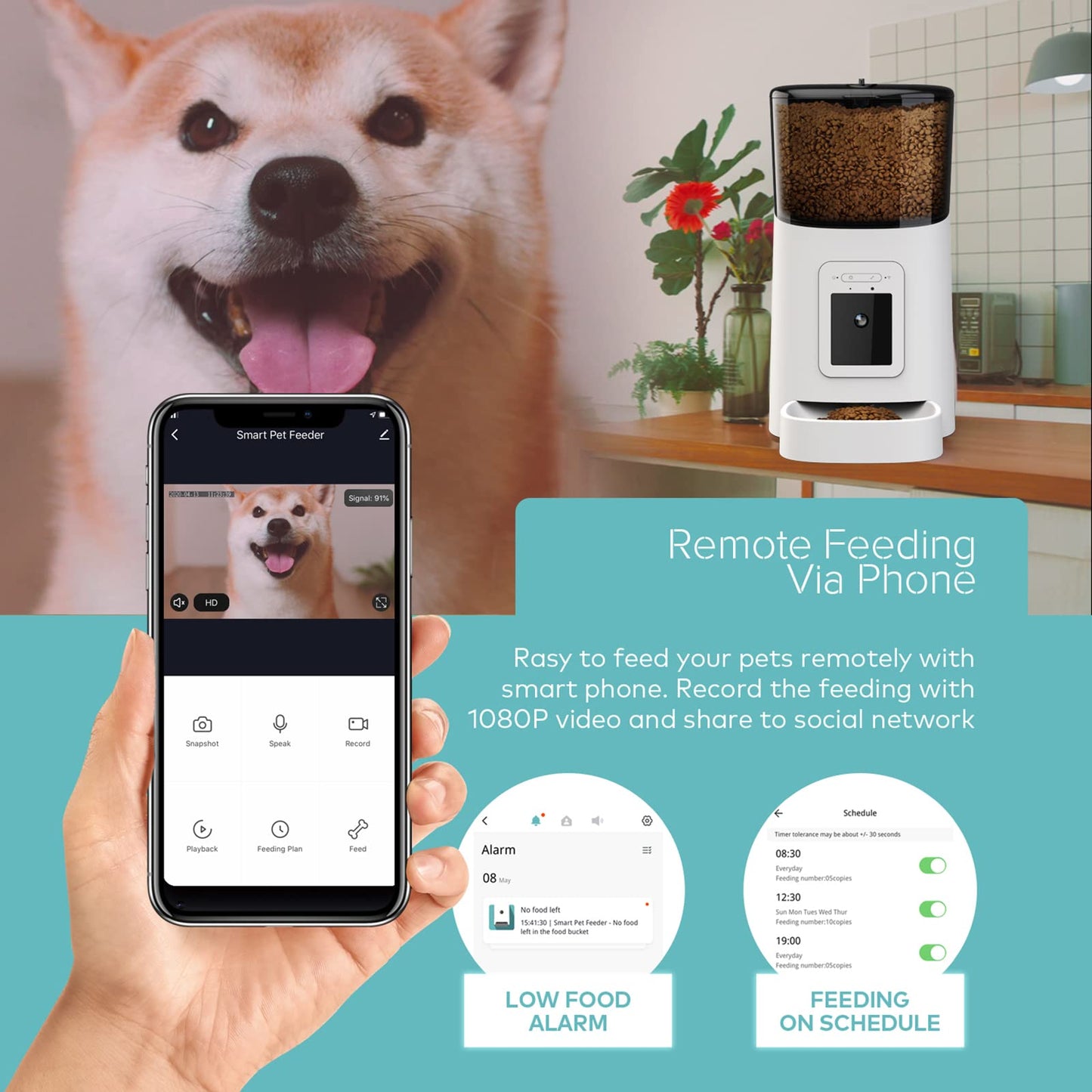 6L Automatic Cat Dog Feeder, Auto Dog Food Dispenser with Portion Control, Cat Dry Food Dispenser with Voice Recorder Up to 15 Meals per Day, Dual Power,Black