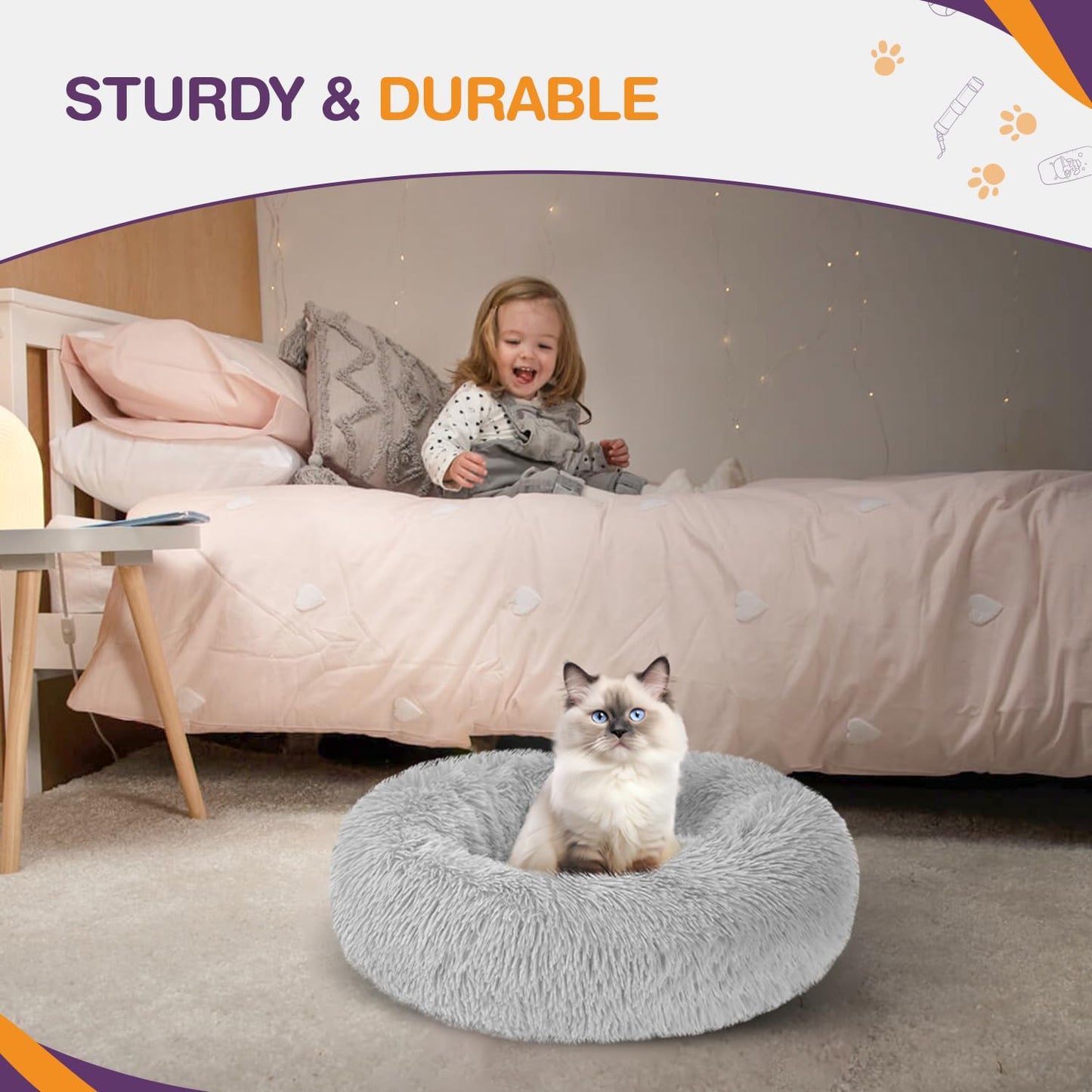 Trelsanopaws Plush Donut Cat Bed - Calming Self-Warming Round Pet Cushion with Anti-Slip Base (50 cm, Grey)