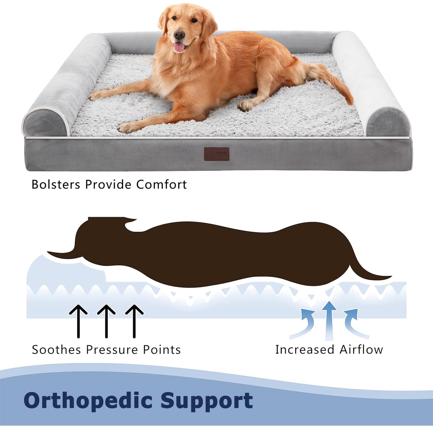 Trelsanopaws Large Orthopedic Dog Bed - Washable with Removable Cover & Waterproof U-Shape Bolster (106 x 76 x 19 cm, Grey)