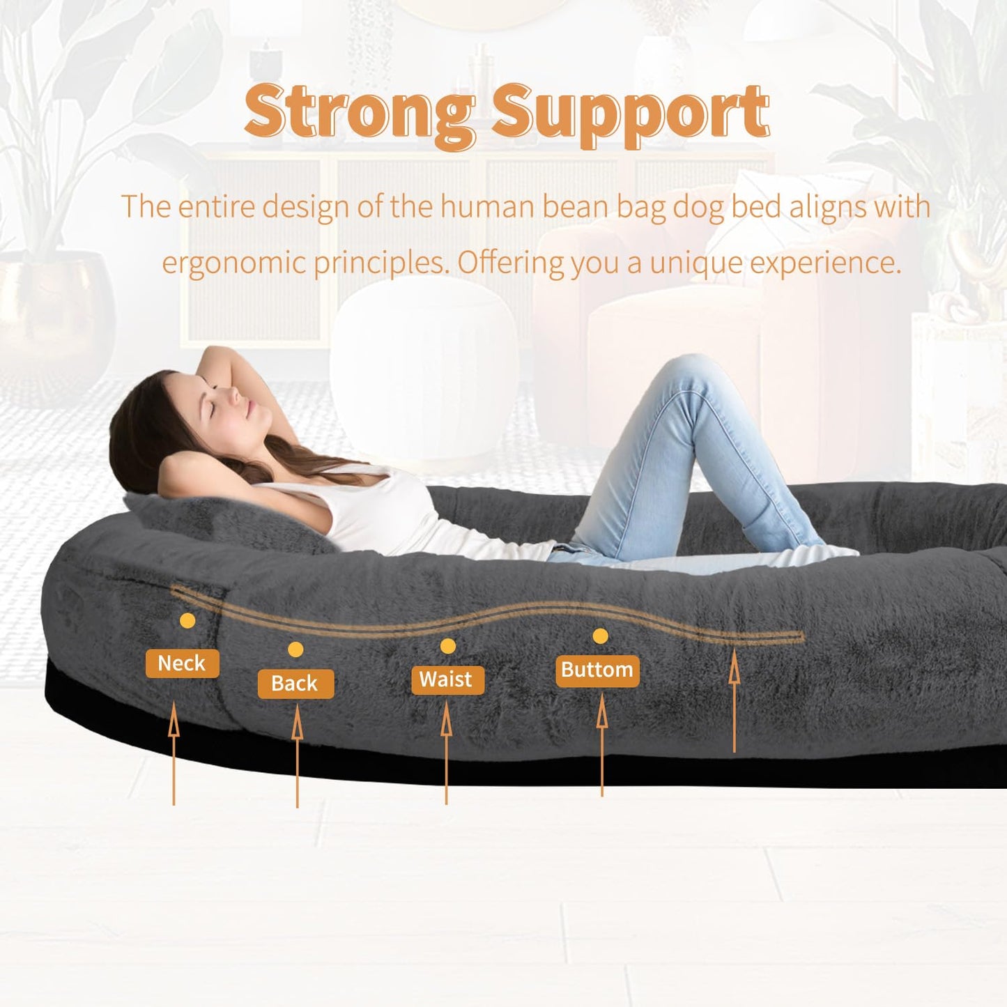 Trelsanopaws Human Dog Bed for Pets & Adults - Extra Large Beanbag with Washable Faux Fur, Blanket & Pillow (71" x 45" x 15", Dark Grey)