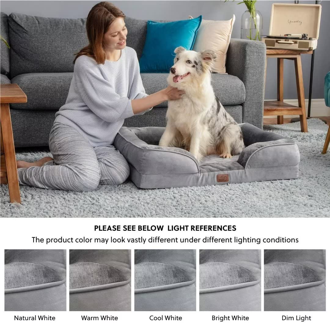 Trelsanopaws Large Dog Bed Sofa - Washable Orthopedic Bed with Removable Flannel Cover & U-Shape Bolster (89 x 63 x 16 cm, Grey)