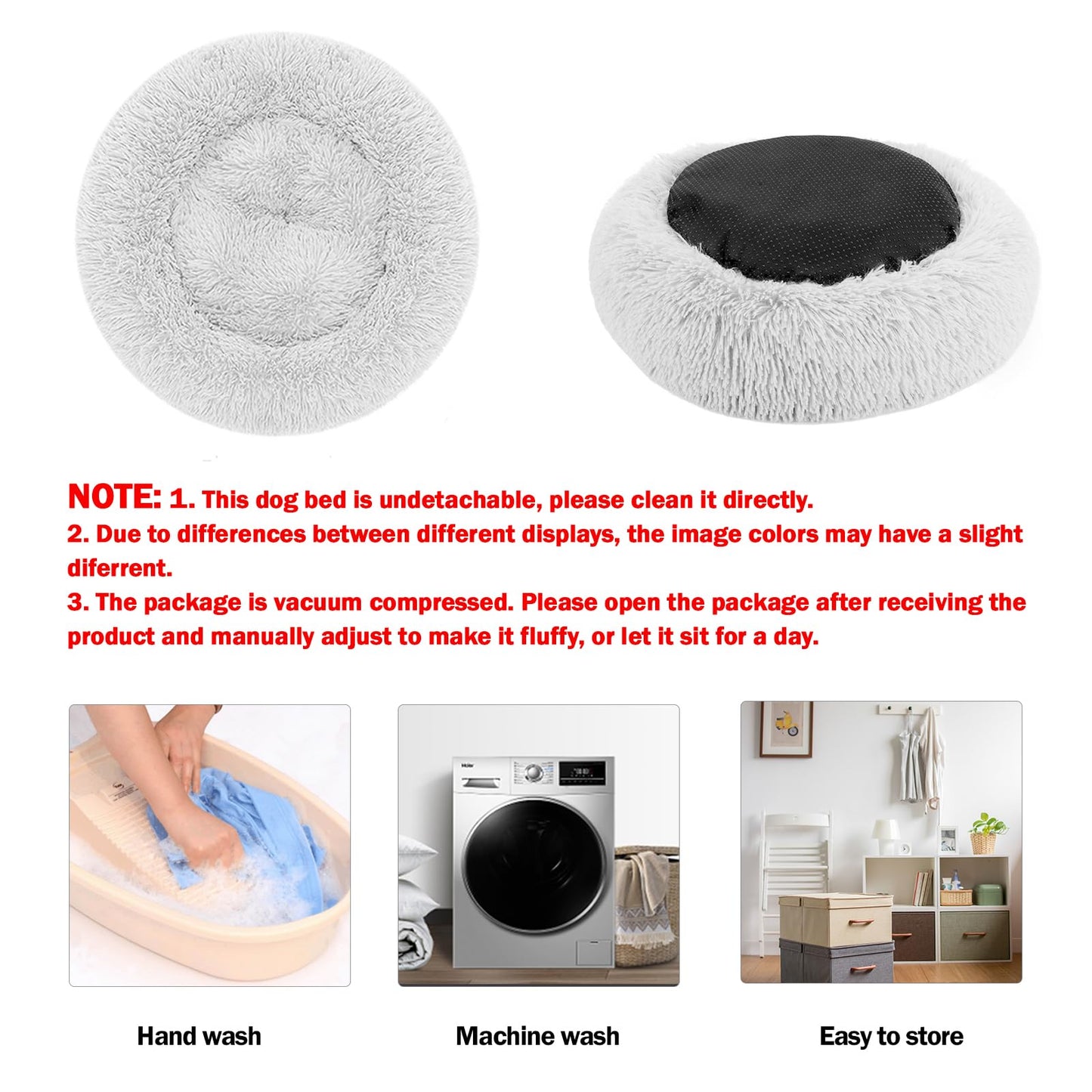Trelsanopaws Calming Donut Bed - Fluffy Plush Pet Bed for Dogs & Cats, Anti-Anxiety with Non-Slip Bottom, Washable (M-50 cm, Grey)
