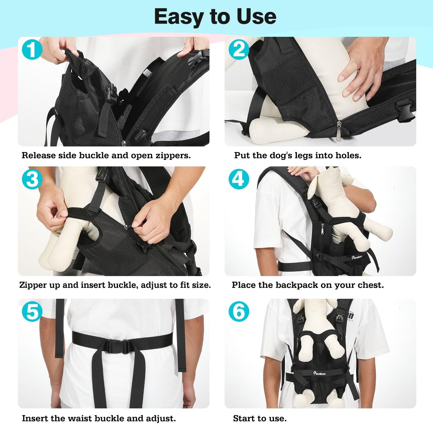 Pawaboo Pet Dog Front Carrier Backpacks, Legs Out Pet Carrier Backpack for Dogs, Adjustable Easy-fit Dog Chest Carriers for Small Medium Dogs Hands Free for Travel Hiking Cycling Camping, XL, Black