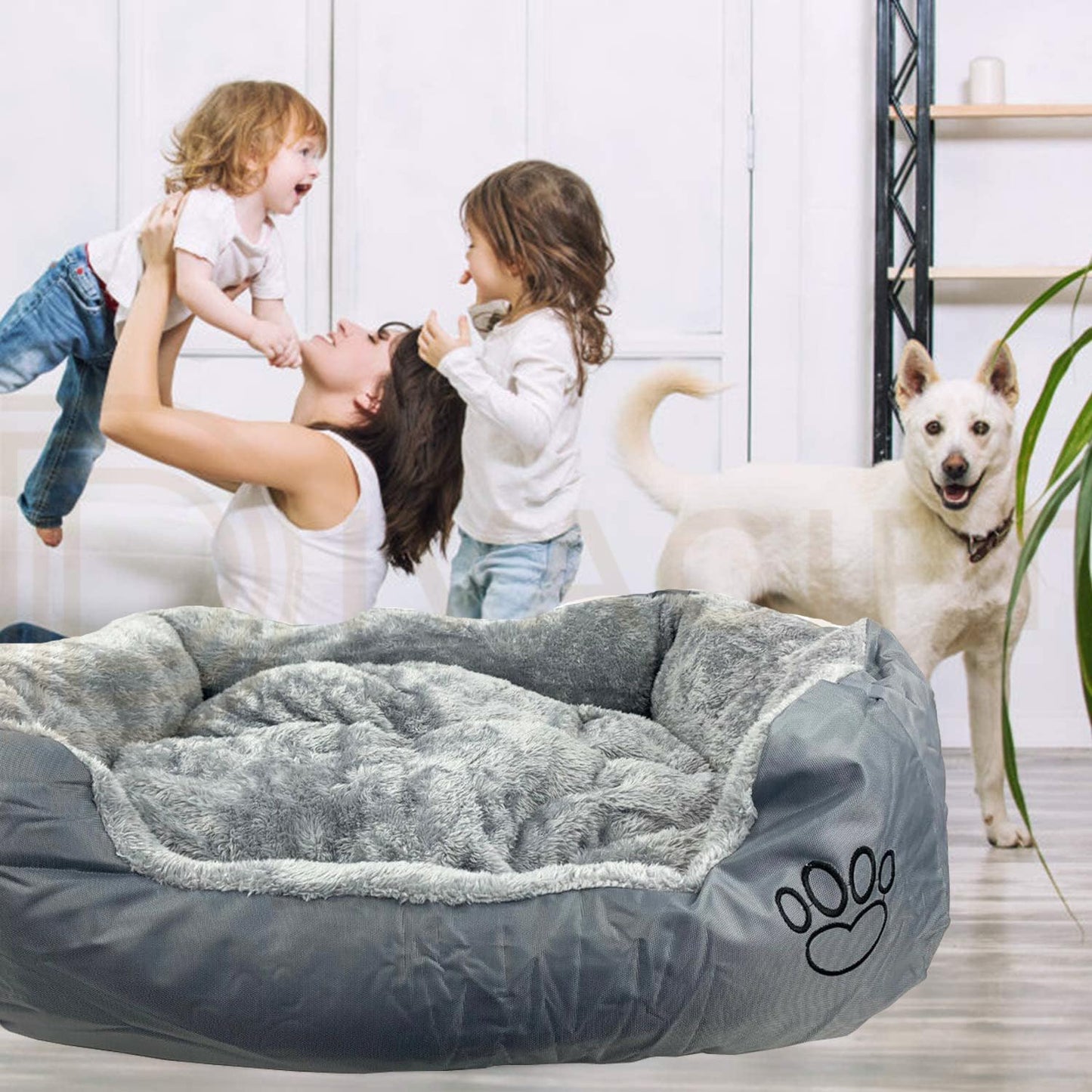 Trelsanopaws Soft & Fluffy Pet Bed - Anti-Anxiety Washable Bed for Dogs & Cats with Non-Slip Base (Large, Grey)
