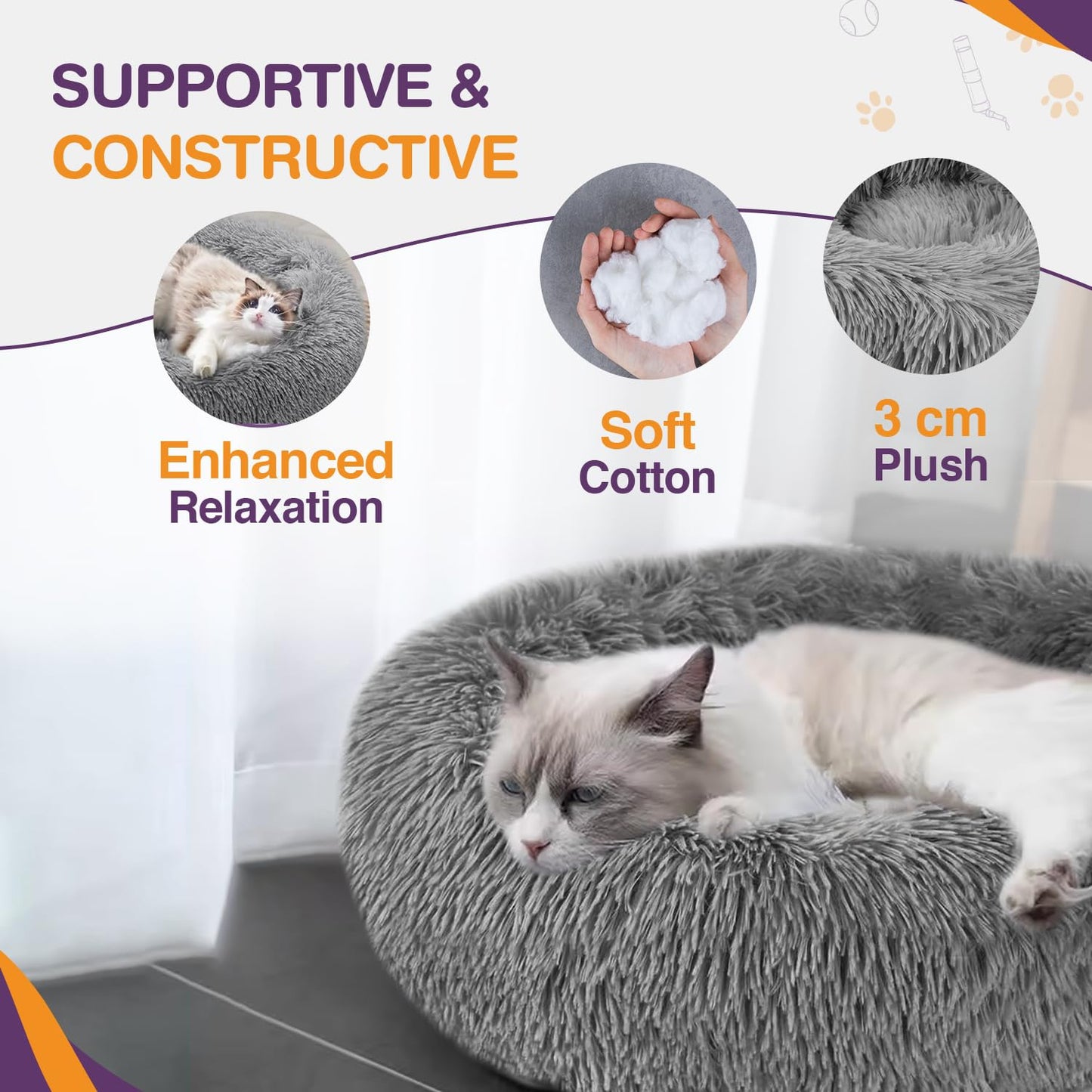 Trelsanopaws Plush Donut Cat Bed - Calming Self-Warming Round Pet Cushion with Anti-Slip Base (50 cm, Grey)