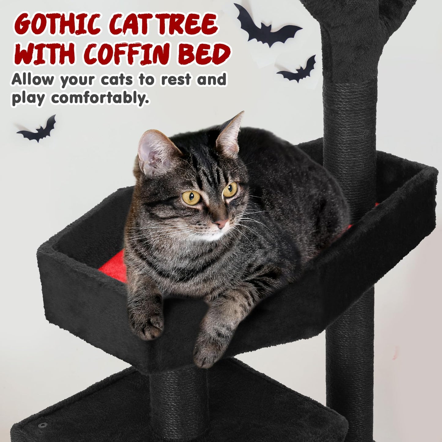 Petsinurarea 47.2" Heavy Duty Gothic Cat Tree Large Cat Tower Cat Tree for Indoor Cats Spacious Cat Condo Coffin for Large Cats Scratching Posts Hanging Ball Pet Activities Platform Cat Furniture