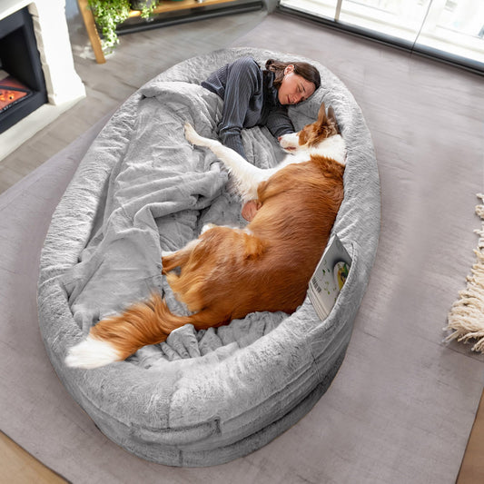Trelsanopaws Human Dog Bed for Adults & Pets - Warm Beanbag Bed with Detachable Cover & Blanket (Light Grey)