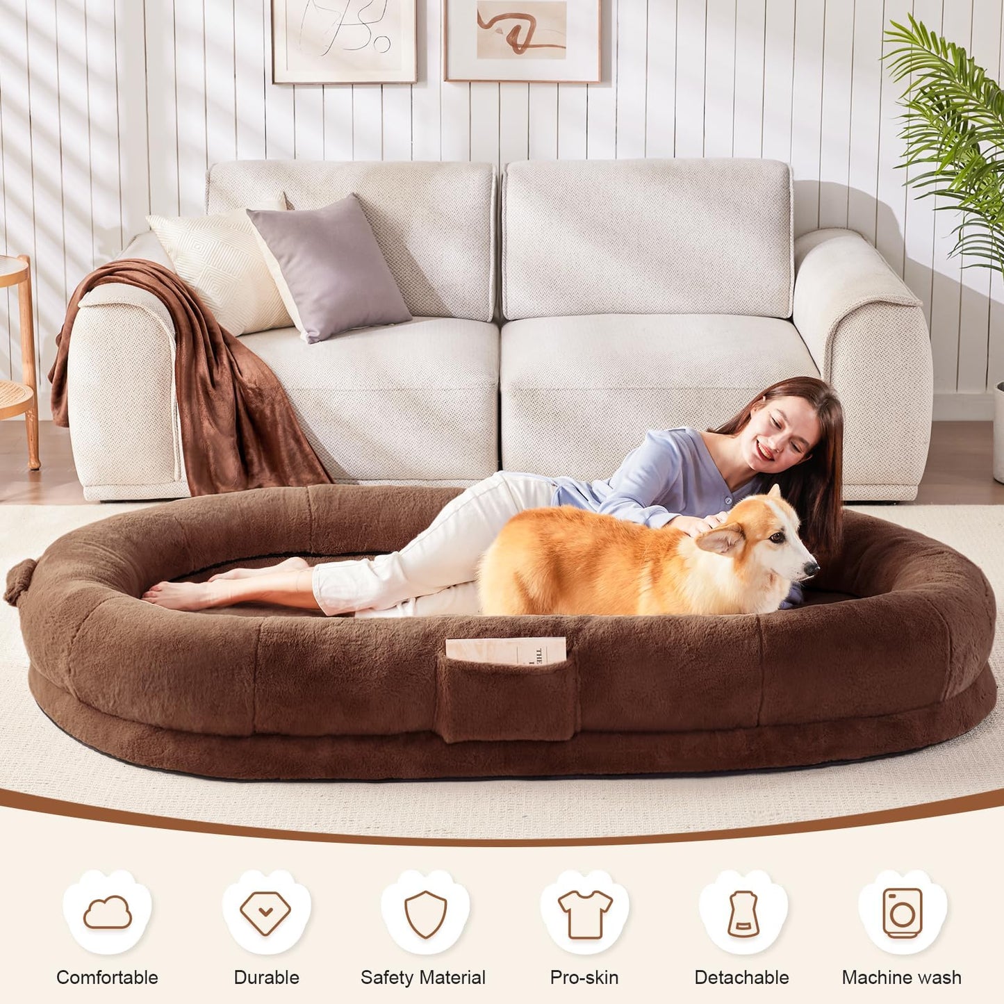 Trelsanopaws Human Dog Bed for Adults - Giant Bean Bag with Blanket, Washable Faux Fur, Memory Foam, Brown
