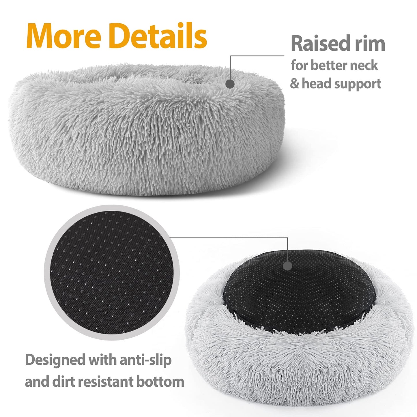 Trelsanopaws Plush Donut Dog & Cat Bed - Calming Self-Warming Fluffy Cushion, Machine Washable (50 cm, Grey)