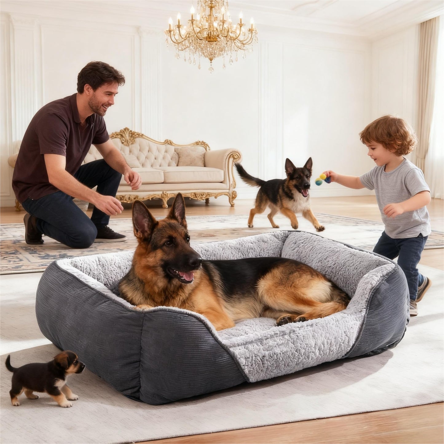 Trelsanopaws Large Dog Bed - Super Soft Wool Fleece Sofa Bed with Striped Corduroy Design (76 x 61 x 23 cm)