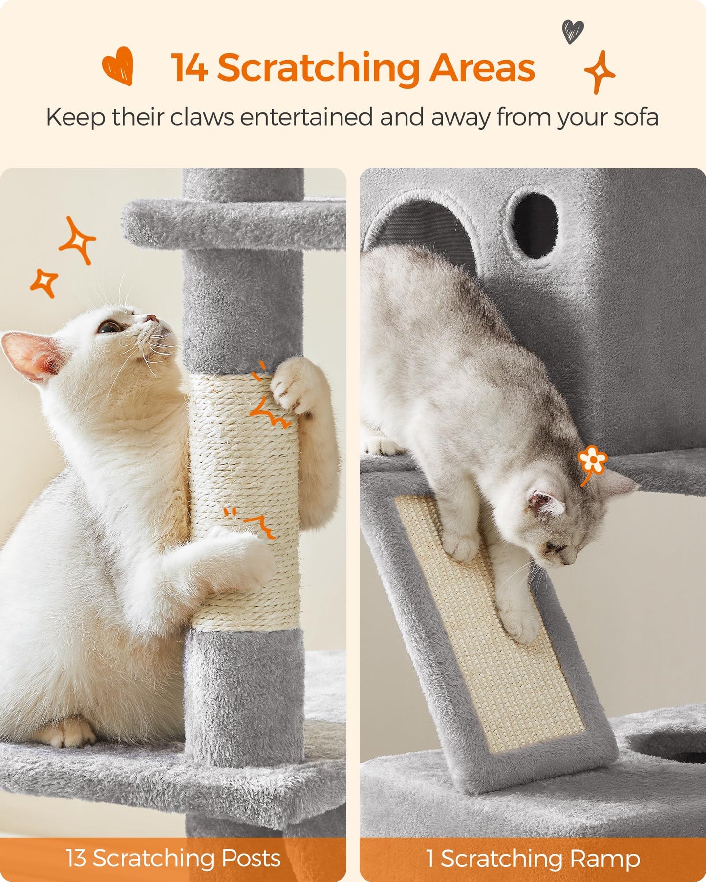 Trelsanopaws Large Cat Tree - 206 cm Tower with 13 Scratching Posts, Perches, Caves & Hammock (Light Grey)
