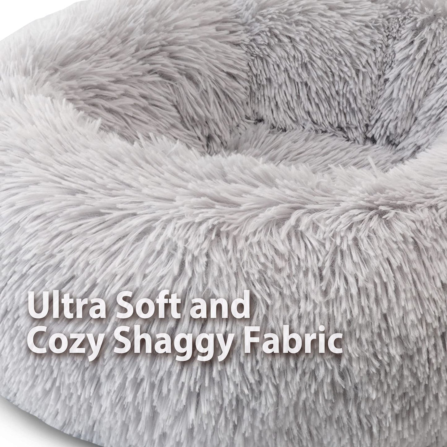 Trelsanopaws Plush Donut Dog & Cat Bed - Calming Self-Warming Fluffy Cushion, Machine Washable (50 cm, Grey)