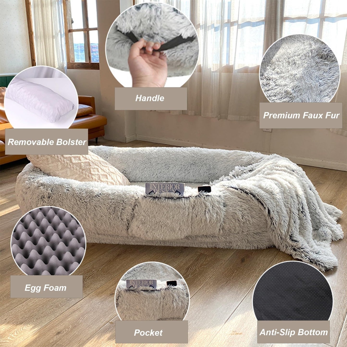 Trelsanopaws Extra Large Human Dog Bed - Fluffy Beanbag with Waterproof Washable Faux Fur for Giant Dogs & Adults