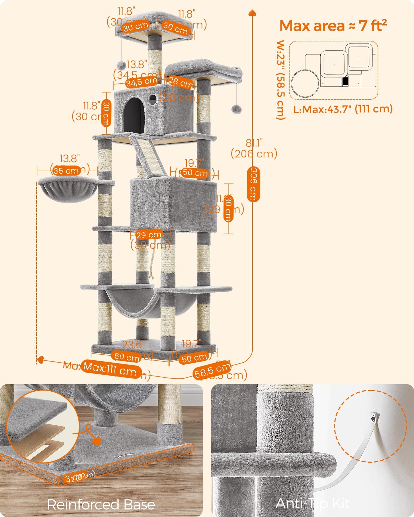 Trelsanopaws Large Cat Tree - 206 cm Tower with 13 Scratching Posts, Perches, Caves & Hammock (Light Grey)