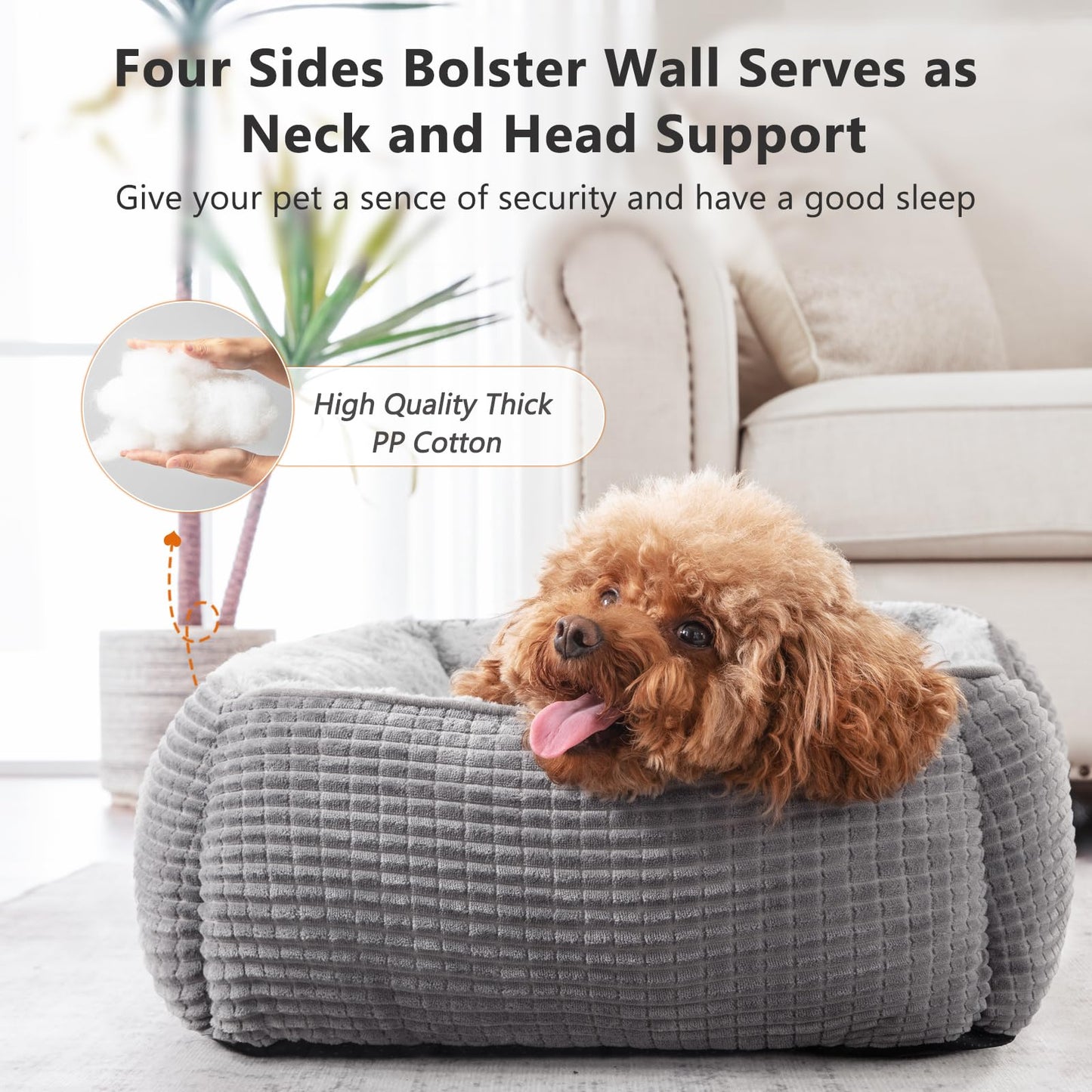 Trelsanopaws Medium Dog Bed - Orthopedic Calming Bed with Raised Edges & Non-Slip Bottom (63 x 53 x 21 cm, Grey)