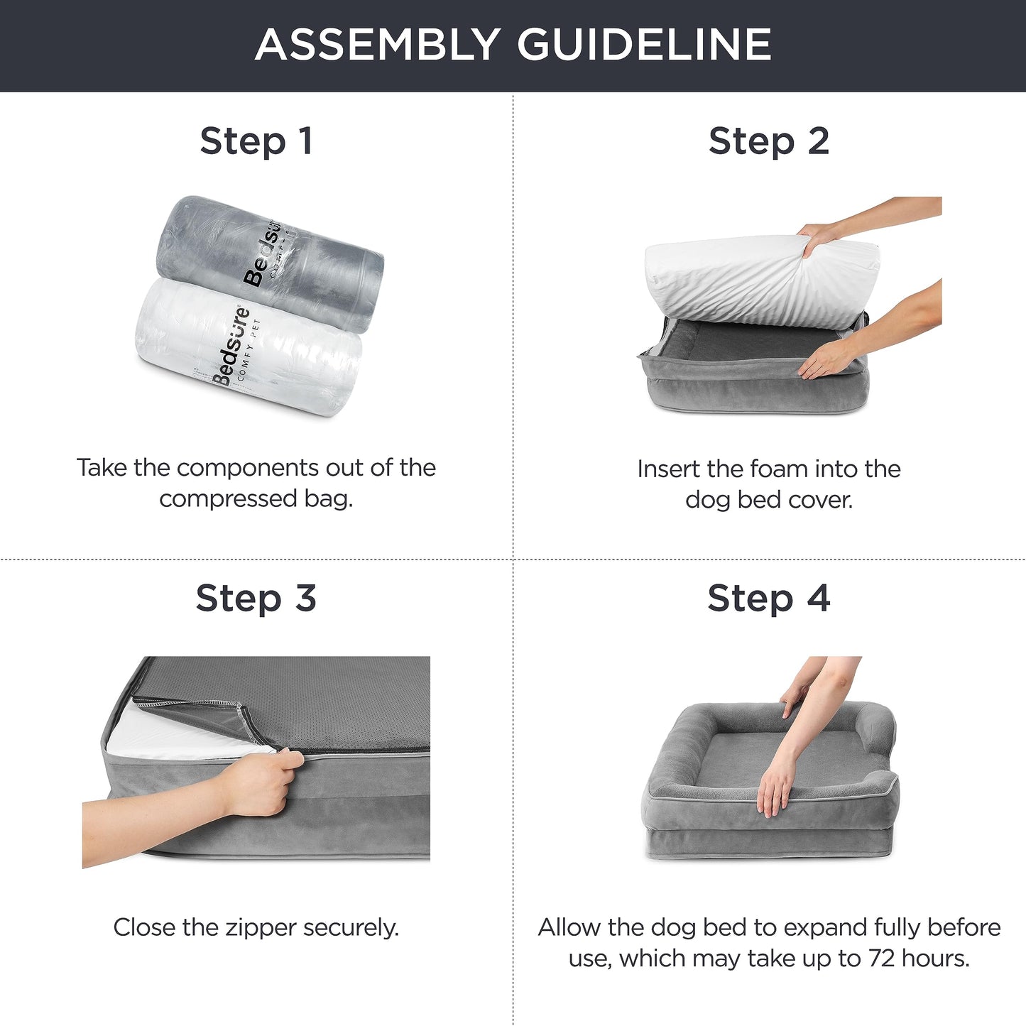 Trelsanopaws Large Dog Bed Sofa - Washable Orthopedic Bed with Removable Flannel Cover & U-Shape Bolster (89 x 63 x 16 cm, Grey)