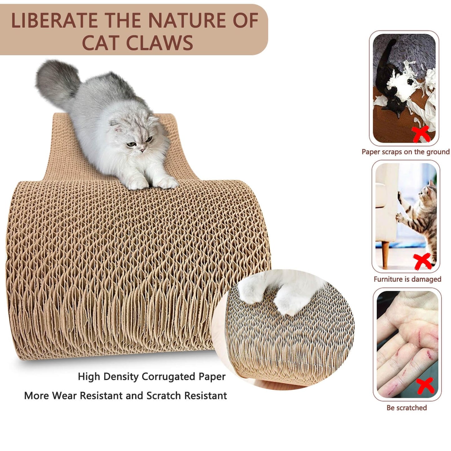 HIVOEL Cat Scratching Board, Cardboard Cat Scratchers, Durable Scratching Mat for Grinding Claws and Rest, Scratch Sofa for Indoor Cats, 60 x 24 x 19 cm