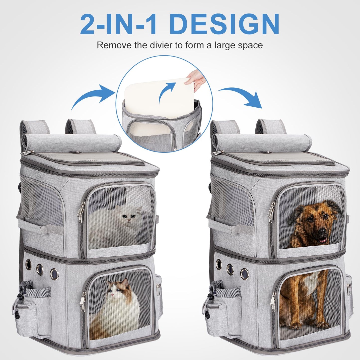 FASNATI Double-Compartment Pet Carrier Backpack, Cat Carrier Backpack for 2 Cats, Small Dogs, Perfect for Traveling/Hiking/Camping, Grey, XL