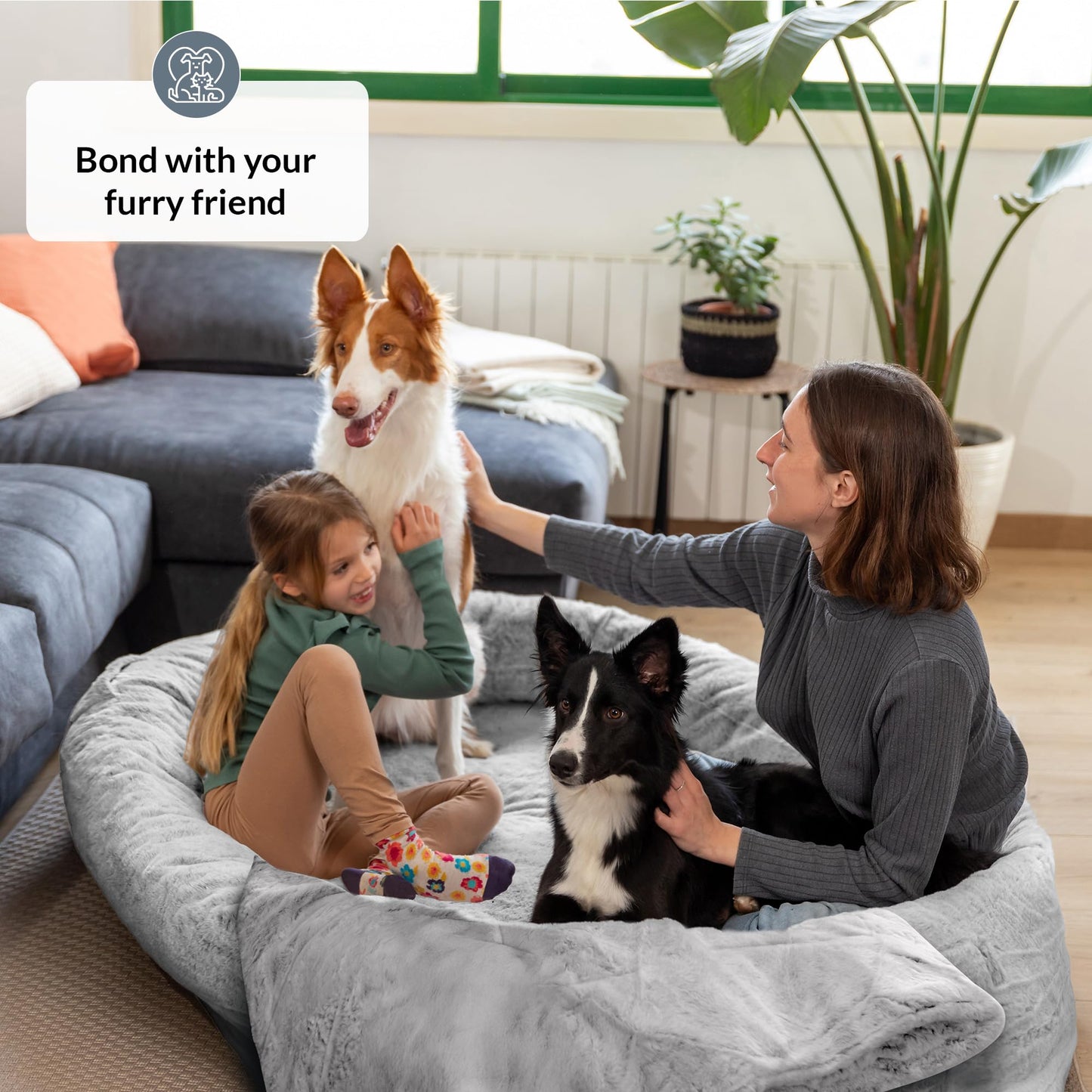 Trelsanopaws Human Dog Bed for Adults & Pets - Warm Beanbag Bed with Detachable Cover & Blanket (Light Grey)