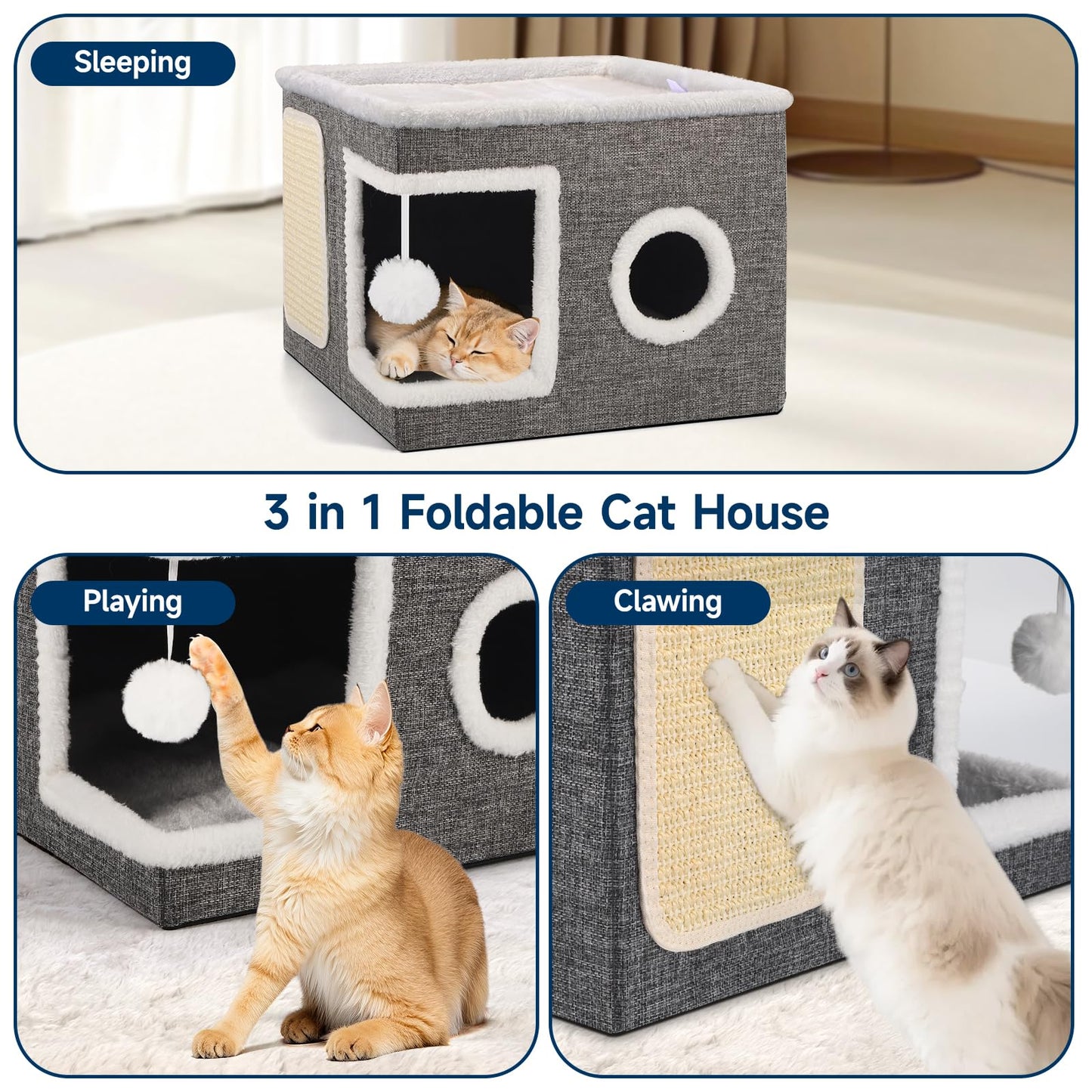 Shikha Cat House for Indoor Pets, 2 Layer Large Cat Cave with Scratch Board and Fluffy Ball, 43L x 43B x 32H cm, Foldable Large Cat-Bed, Kitten Hideaway With Double-Sided Soft Cushions for All Seasons