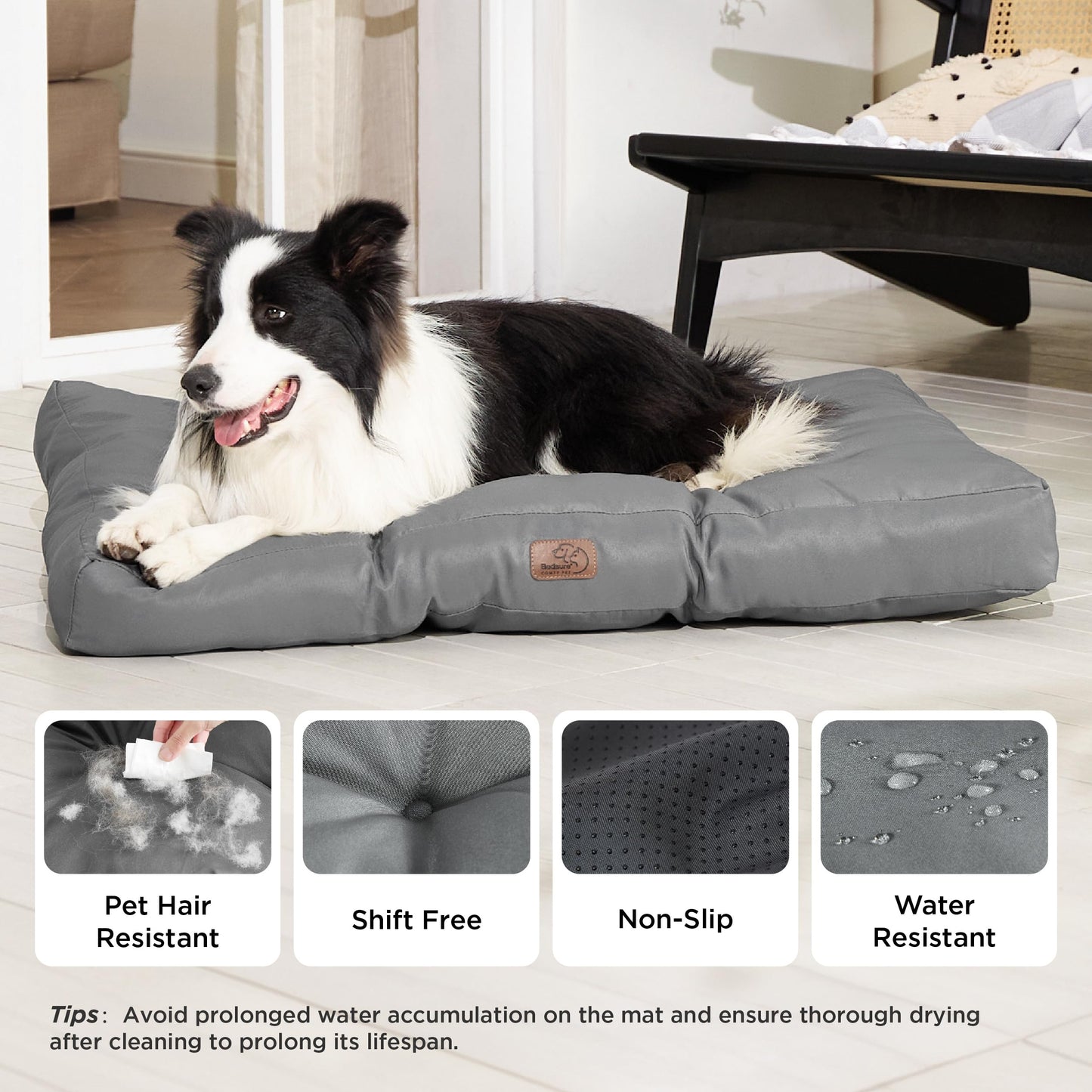 Trelsanopaws Large Washable Dog Bed - Flat Mattress with Oxford Fabric & Water-Resistant Pet Pillow (91 x 68 x 10 cm, Grey)