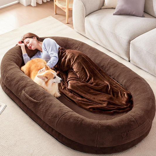 Trelsanopaws Human Dog Bed for Adults - Giant Bean Bag with Blanket, Washable Faux Fur, Memory Foam, Brown