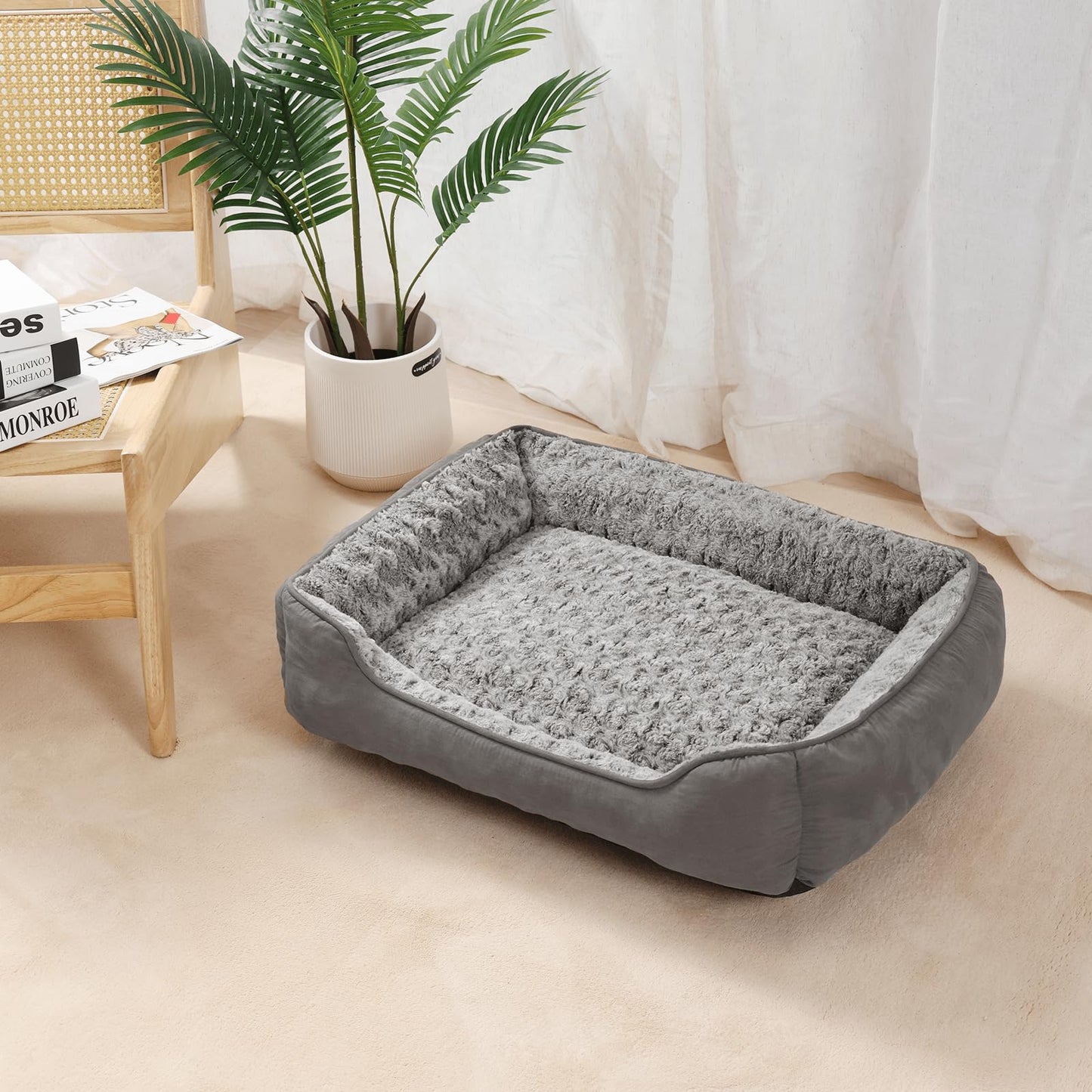 Trelsanopaws Small Dog Sofa Bed - Soft Plush Calming Bed with Non-Slip Bottom (60 x 45 cm, Grey)