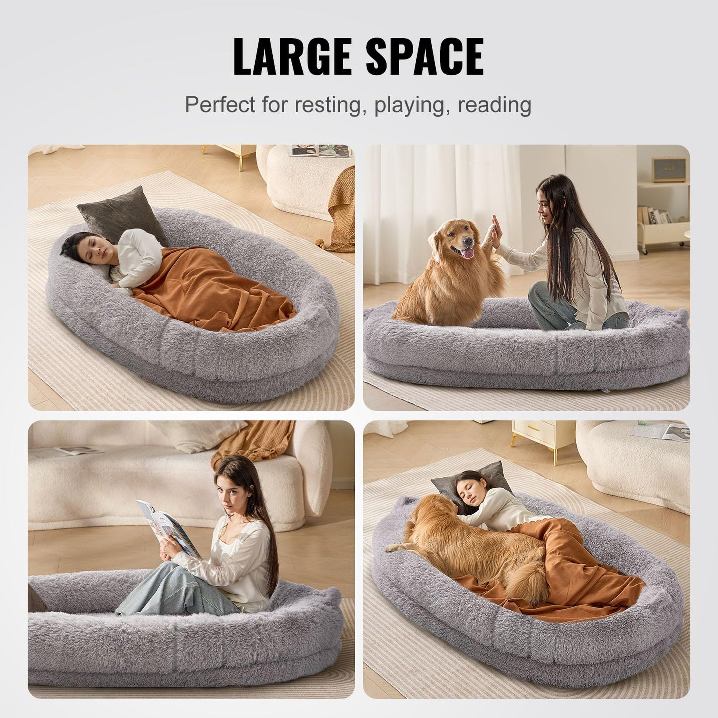 Trelsanopaws Human Dog Bed - Washable Velvet Cover with Orthopedic Foam & Storage Pocket (72" x 48" x 10", Light Grey)