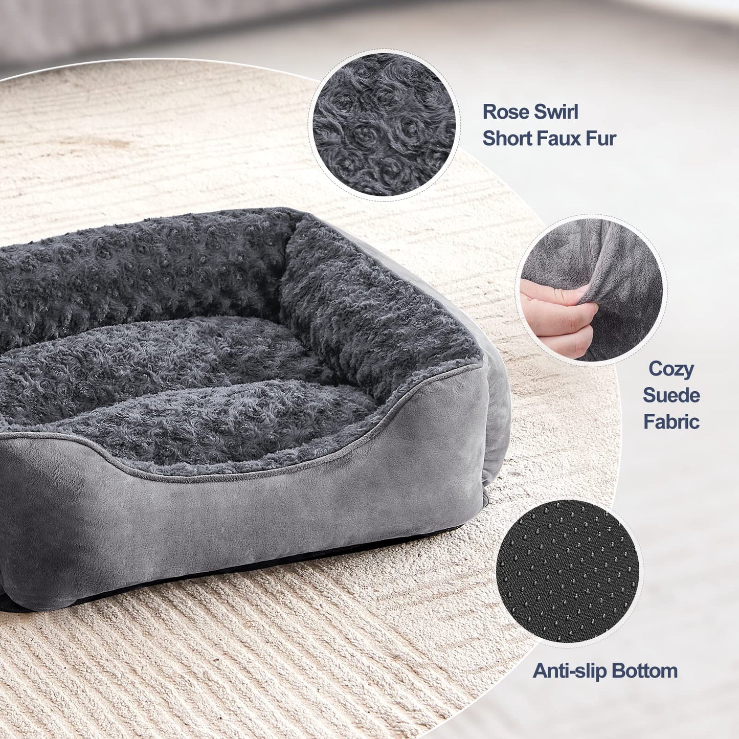 Trelsanopaws Medium Dog Bed - Washable Anti-Anxiety Plush Pet Bed with Non-Slip Bottom (Grey)