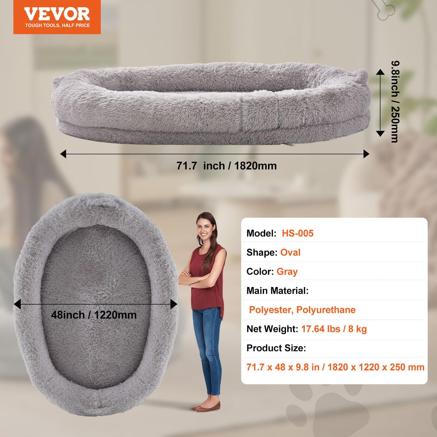Trelsanopaws Human Dog Bed - Washable Velvet Cover with Orthopedic Foam & Storage Pocket (72" x 48" x 10", Light Grey)