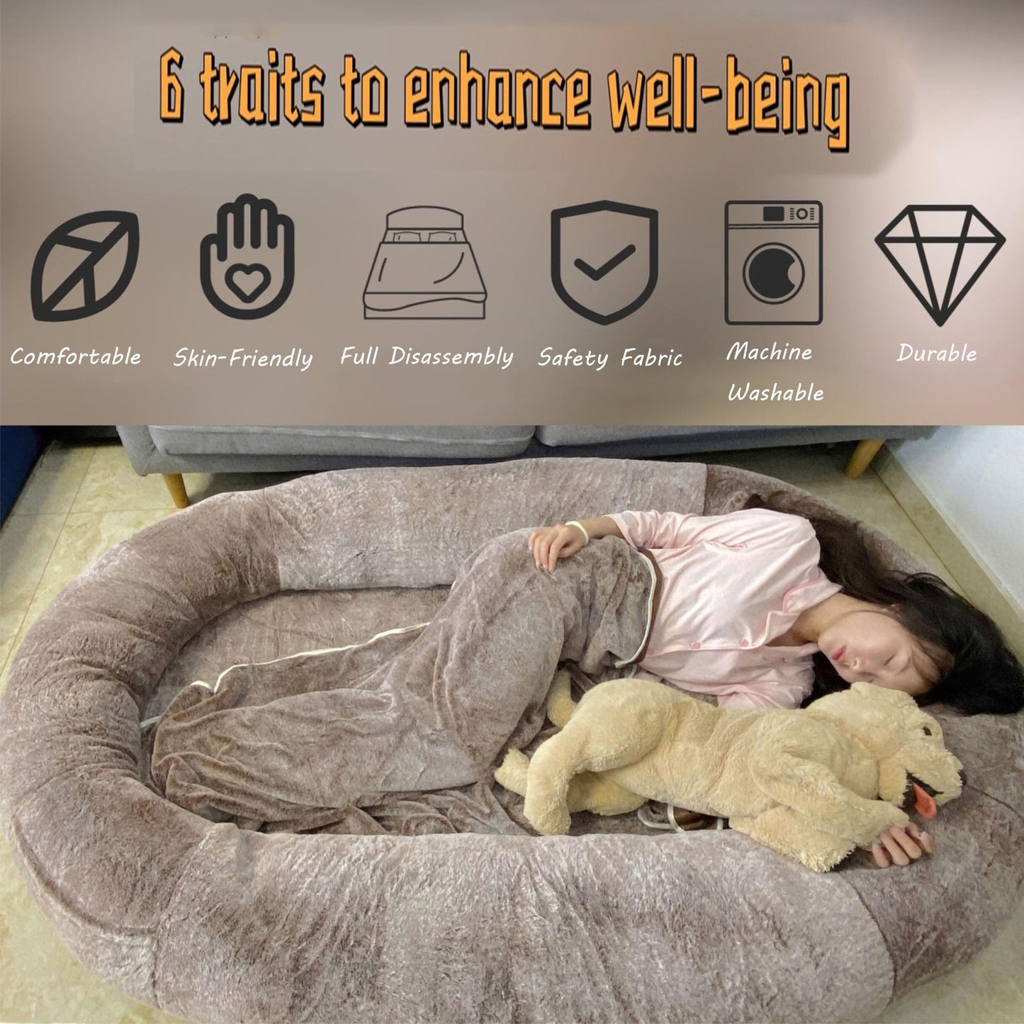 Trelsanopaws Extra Large Human Dog Bed - Fluffy Beanbag with Waterproof Washable Faux Fur for Giant Dogs & Adults