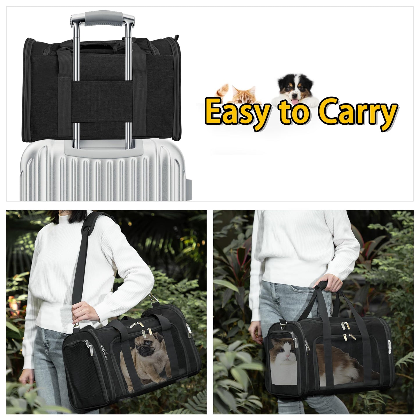 Soft Sided Cat/Pet/Dog Carrier Bag,Portable Foldable Pets Travel Carriers For Cats/Dogs With Shoulder Strap & Removable Mat,Durable Puppy Basket of 16 lbs Airline Approved - Black
