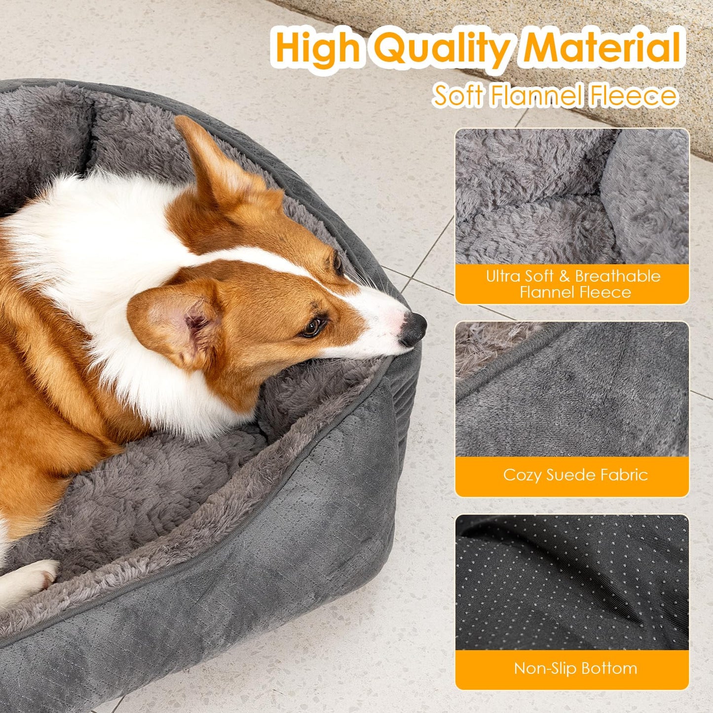 Trelsanopaws Medium Dog Bed - Super Soft Washable Pet Bed with Anti-Slip Bottom & Anti-Anxiety Feature (25 x 21 x 8 inch, Grey)