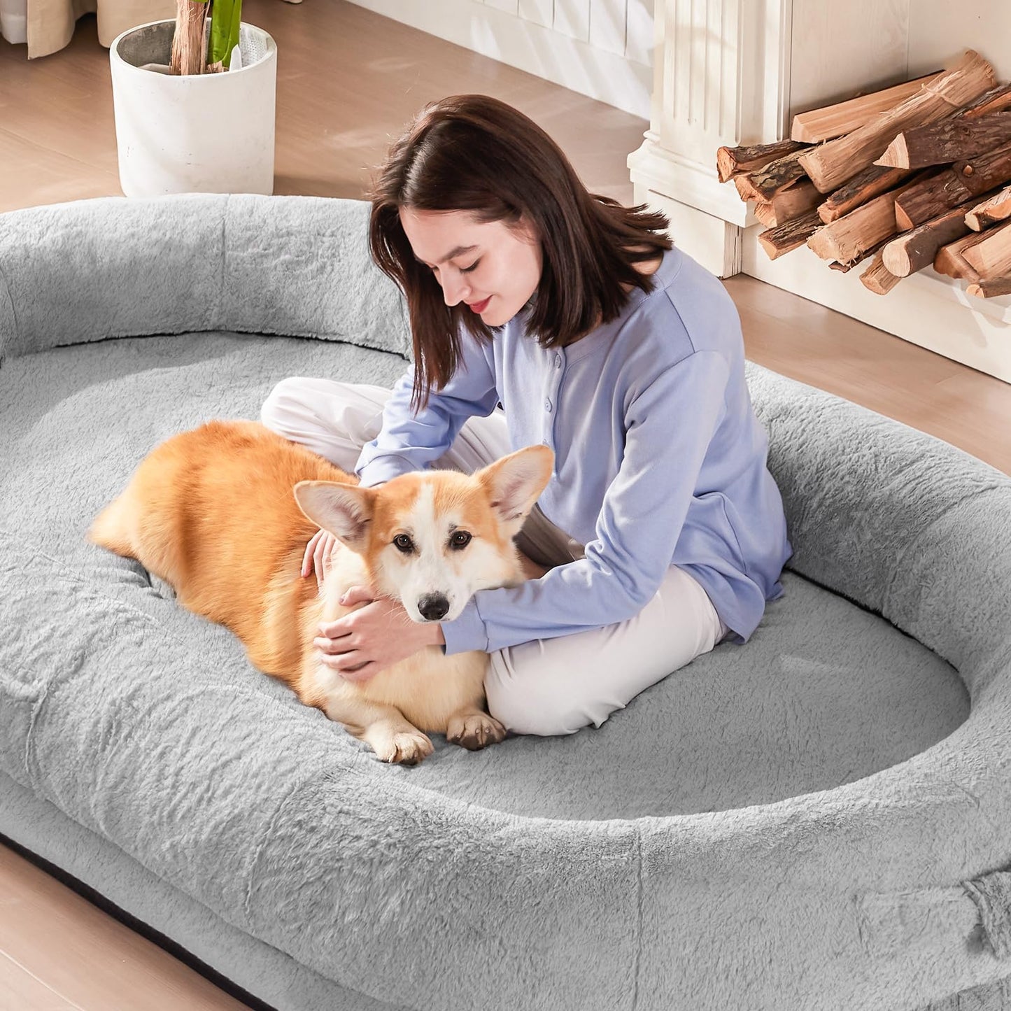 Trelsanopaws Human Dog Bed for Adults - Giant Beanbag with Blanket, Washable Faux Fur & Removable Memory Foam (180 x 122 x 25 cm, Grey)