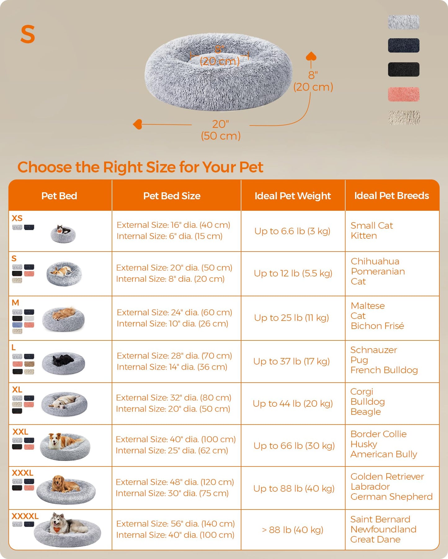 Trelsanopaws Fluffy Dog & Cat Bed - Washable Doughnut Cushion with Removable Padding (50 cm Diameter, Light Grey)