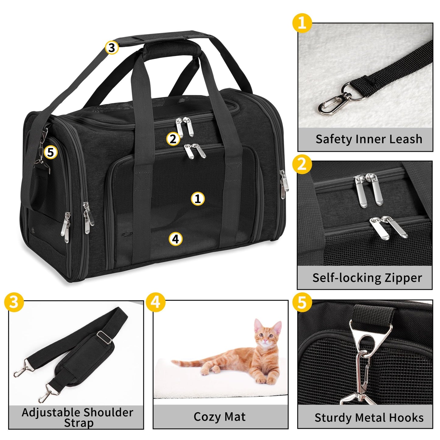 Soft Sided Cat/Pet/Dog Carrier Bag,Portable Foldable Pets Travel Carriers For Cats/Dogs With Shoulder Strap & Removable Mat,Durable Puppy Basket of 16 lbs Airline Approved - Black