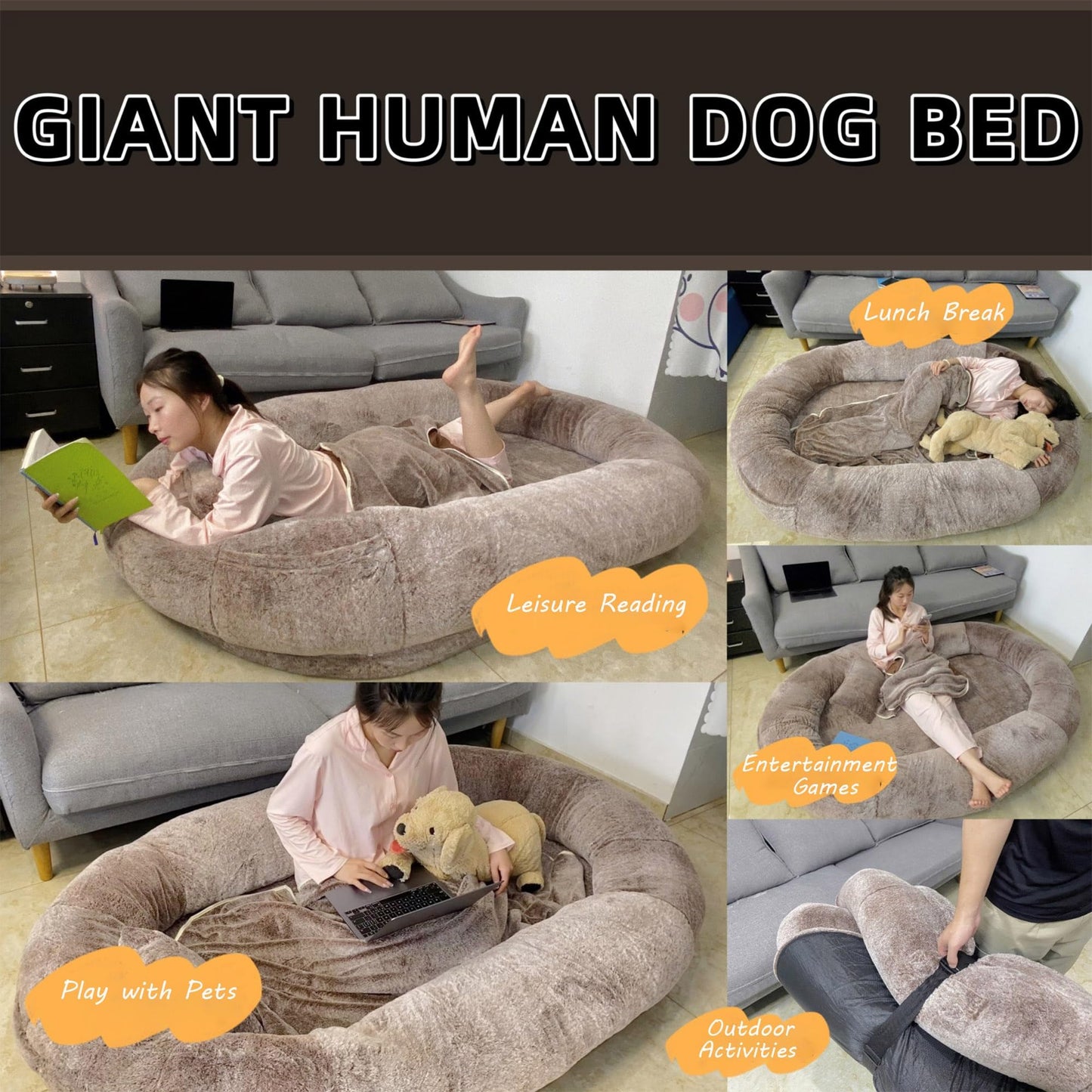 Trelsanopaws Extra Large Human Dog Bed - Fluffy Beanbag with Waterproof Washable Faux Fur for Giant Dogs & Adults