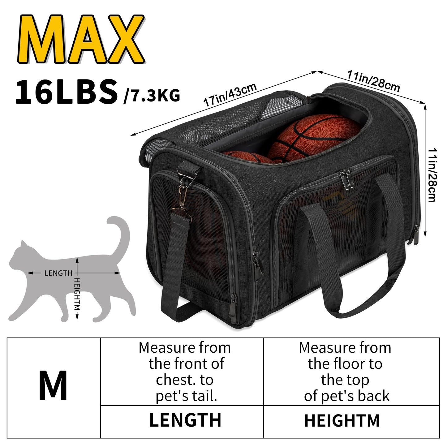 Soft Sided Cat/Pet/Dog Carrier Bag,Portable Foldable Pets Travel Carriers For Cats/Dogs With Shoulder Strap & Removable Mat,Durable Puppy Basket of 16 lbs Airline Approved - Black